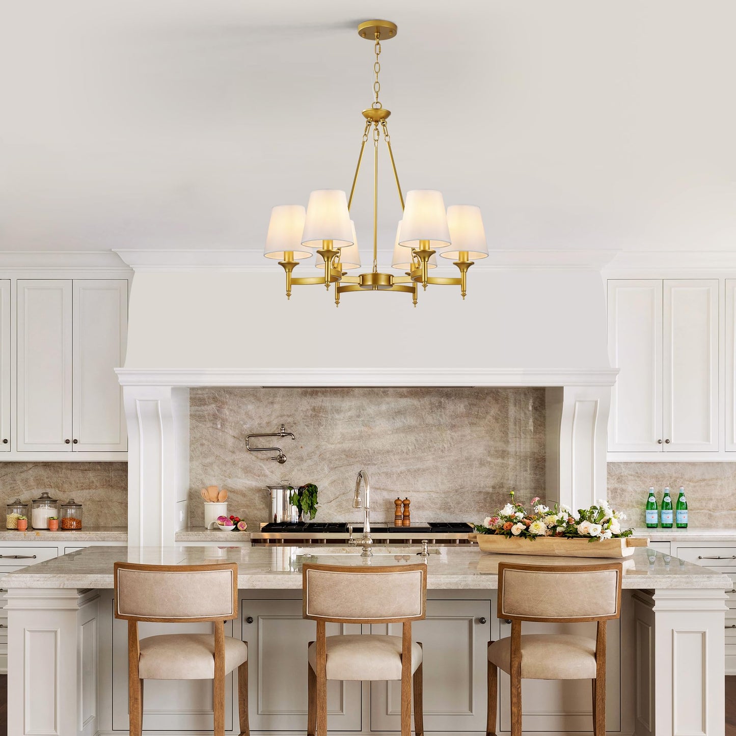 CNRATYE Gold Chandelier with White Shades, 6-Light Modern Farmhouse Chandeliers for Dining Room, Rustic Round Hanging Light Fixture for Kitchen Island Bedroom Office Living Room Entryway
