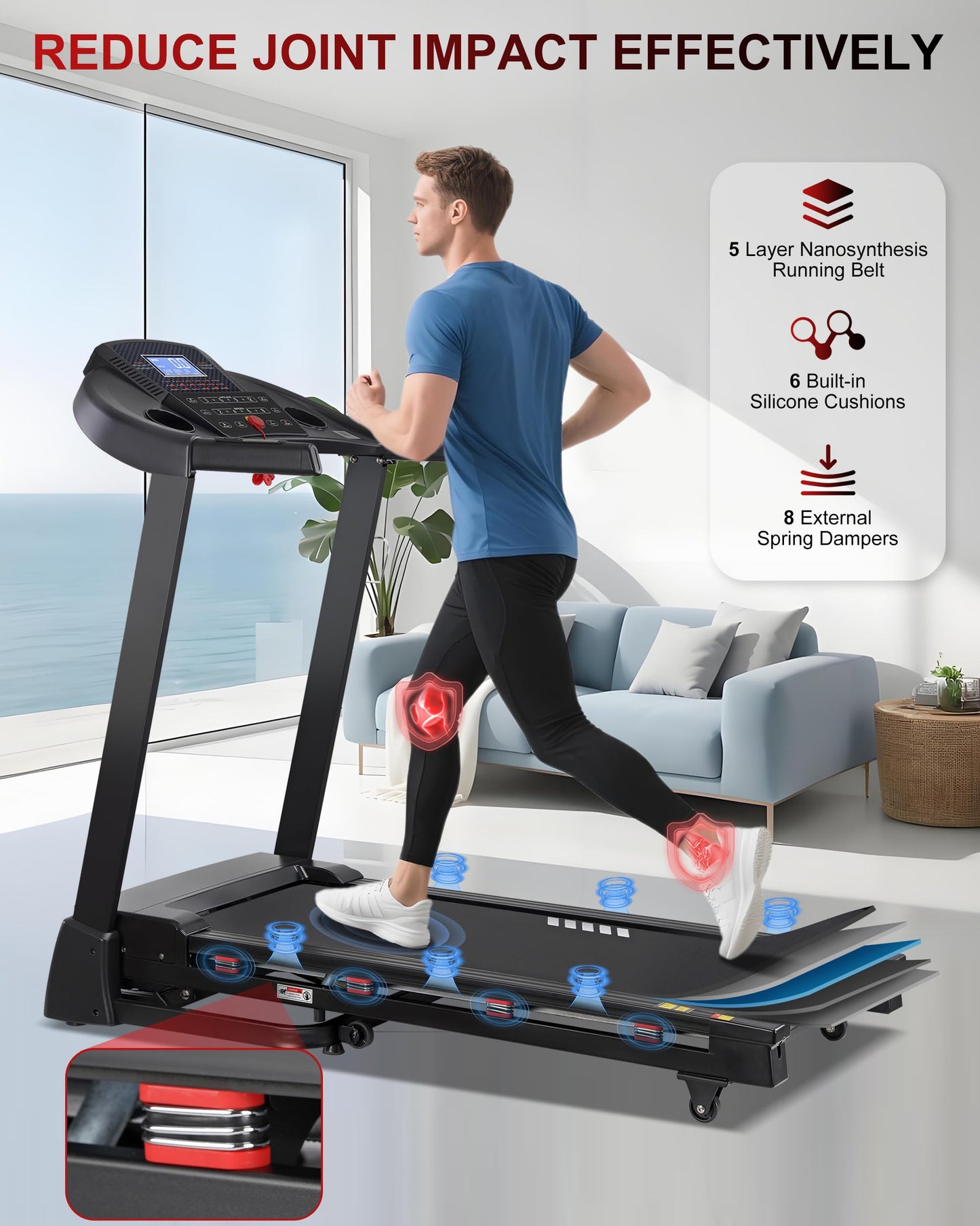 ECHANFIT Treadmill with 15-Level Auto Incline, Folding Treadmill for Home, 0.6-10 MPH, 350 LB Capacity, 18.11" Wide Running Belt, 3.5 HP, Shock Absorption, Bluetooth Speaker & App (Black)