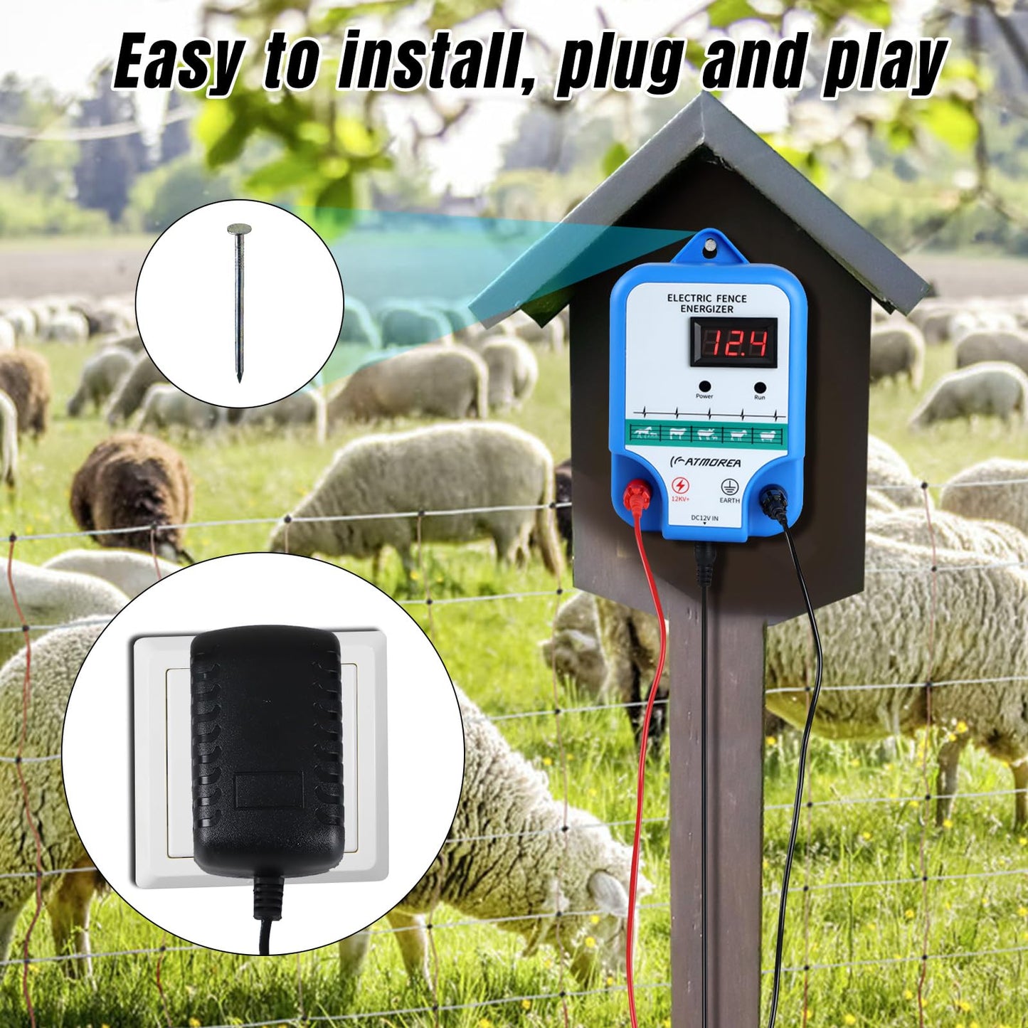 ATMOREA Electric Fence Charger kit, 12 kV High-Power Energizer with LED Display + 1640ft (500m) Aluminum Magnesium Alloy Wire + 100 Pcs Electric Fence Insulator