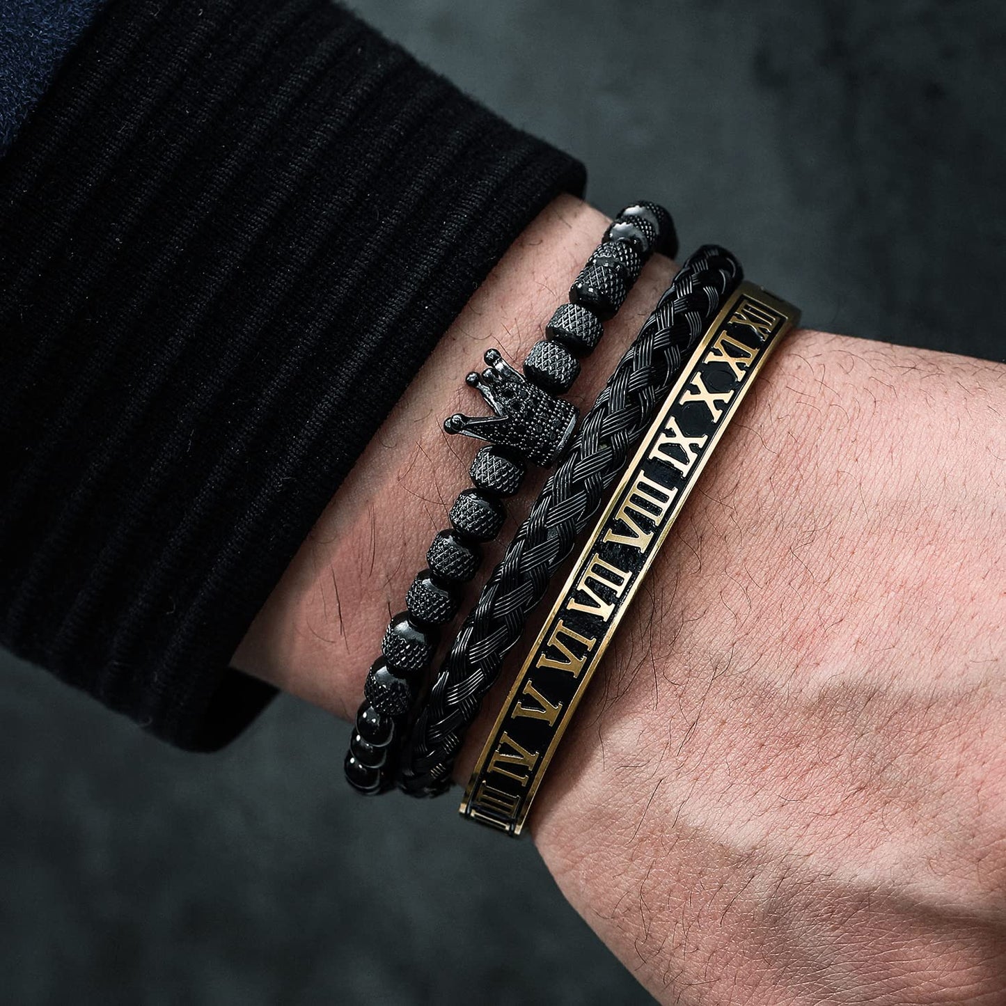 WFYOU 3PCS Stainless Steel Bracelets for Men Gold Roman Numeral Bangle Bracelet Twisted Cable Bracelet Adjustable Cuff Bracelet Mens Luxury Jewelry Bracelets Gifts(I:Black)