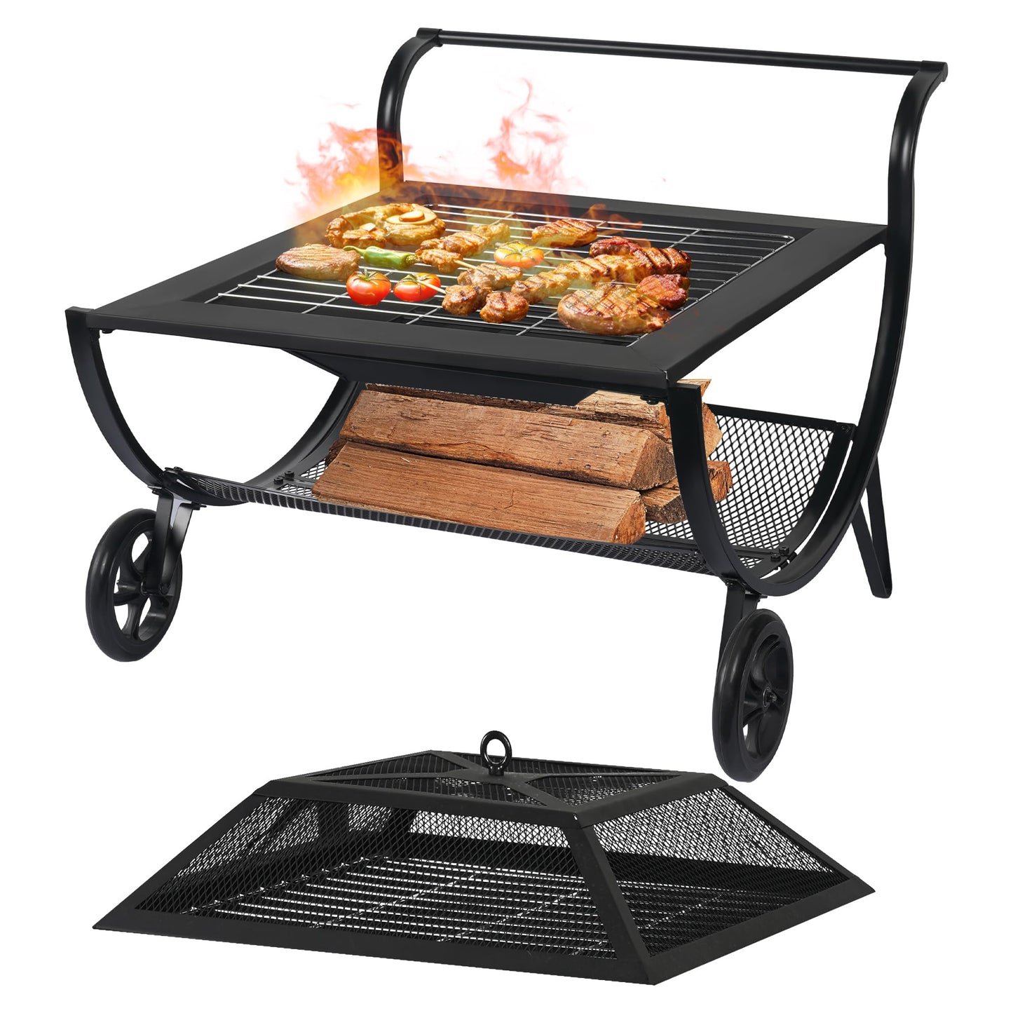 Outdoor Fire Pit with Wheels and Log Rack, Portable Fireplace Wood Burning for Garden, Patio, and Backyard - Includes Mesh Screen and Fire Poker, Fire Pits & Outdoor Fireplaces