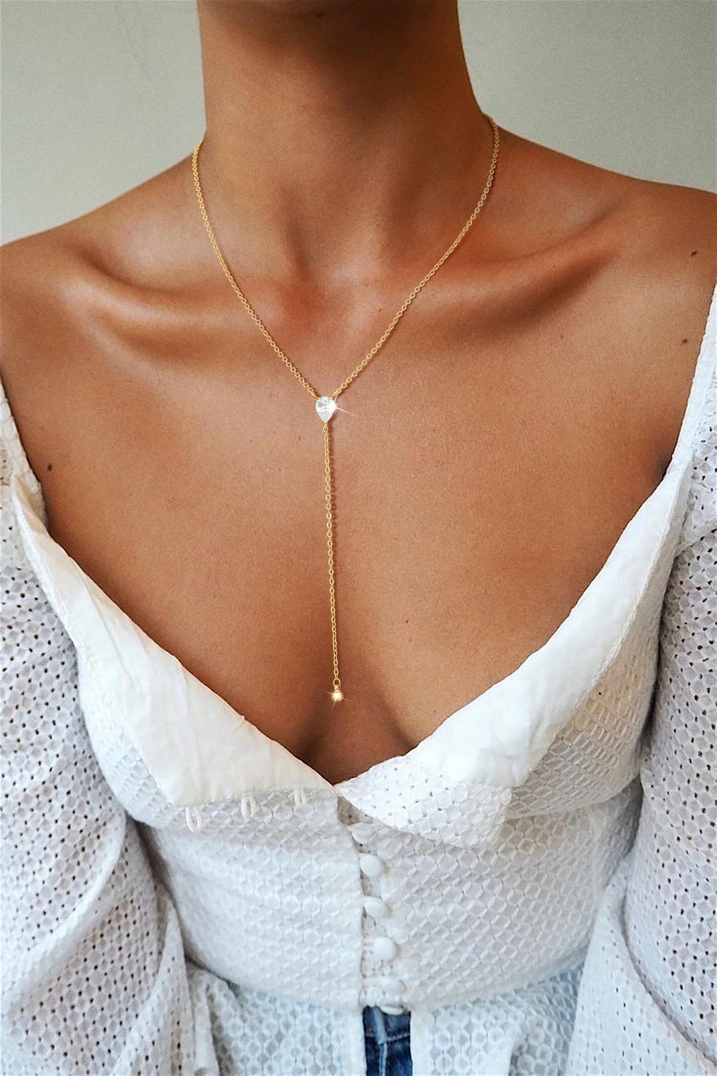 JIKASI Lariat Gold Long Necklaces for Women Trendy, Dainty Drop Long Chain Necklace Trendy 14k Gold Plated CZ Pendant Long Gold Chain Necklaces Simple Wedding Jewelry Gifts