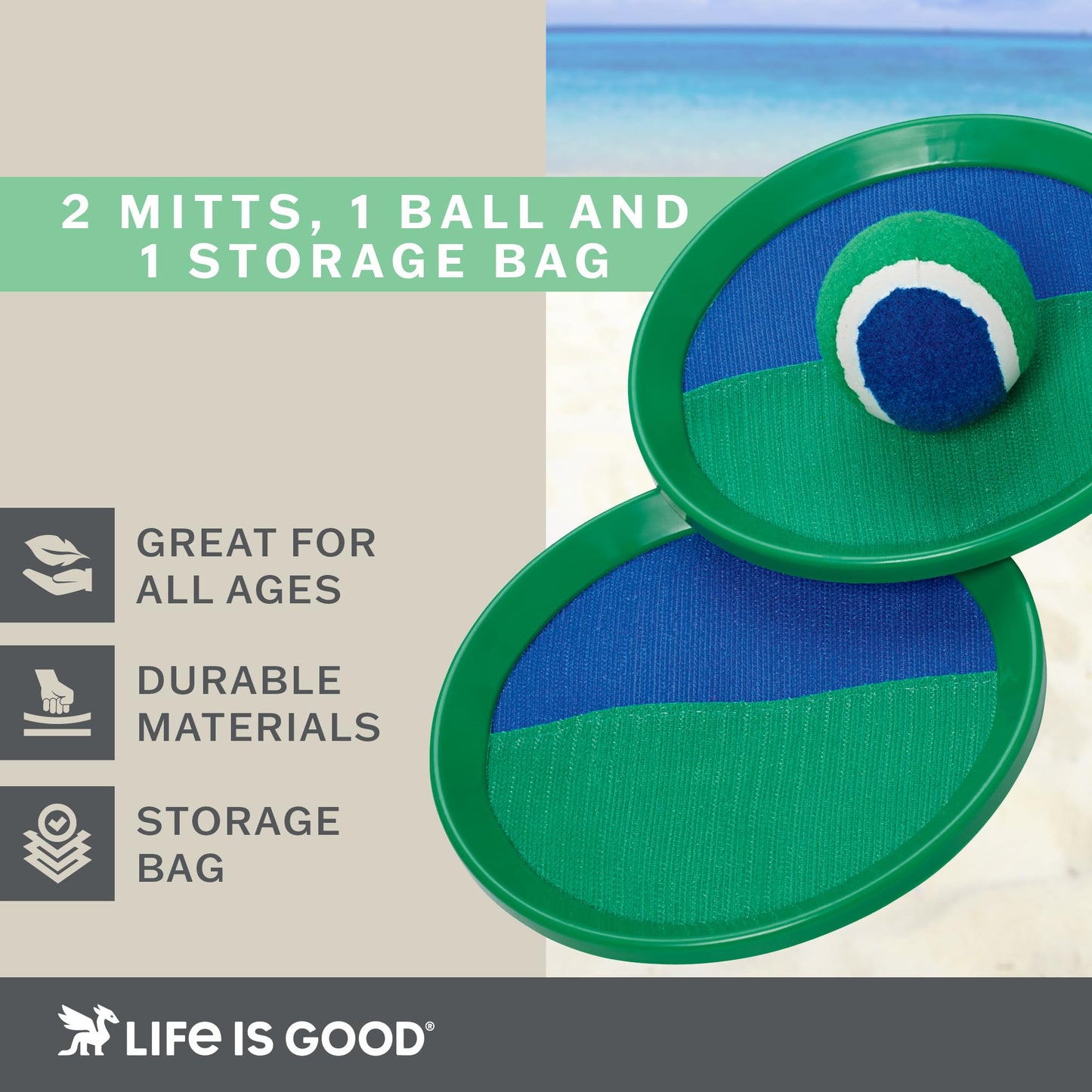 Life is Good Toss and Catch Ball Set (Pink/Green), Enjoy Family Outdoor Games with 2 Paddles, 2 Balls & 1 Carry Bag, No-Setup 2-Player Paddle Game for Beach, Backyard, Park & Travel Fun