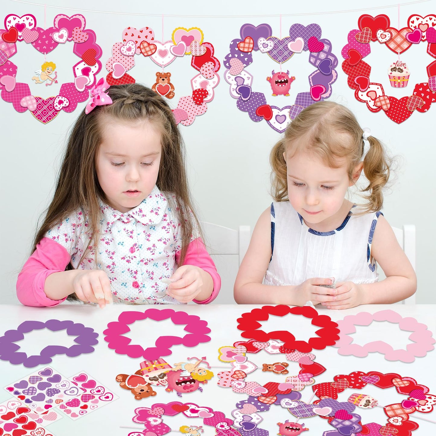 Lonfliness 24 Sets Valentines Wreath Craft for Kids DlY Hanging Decor Valentine's Day Heart Paper Wreath Craft Ornament with Heart Stickers Valentines Party Supplies for School Classroom Activities