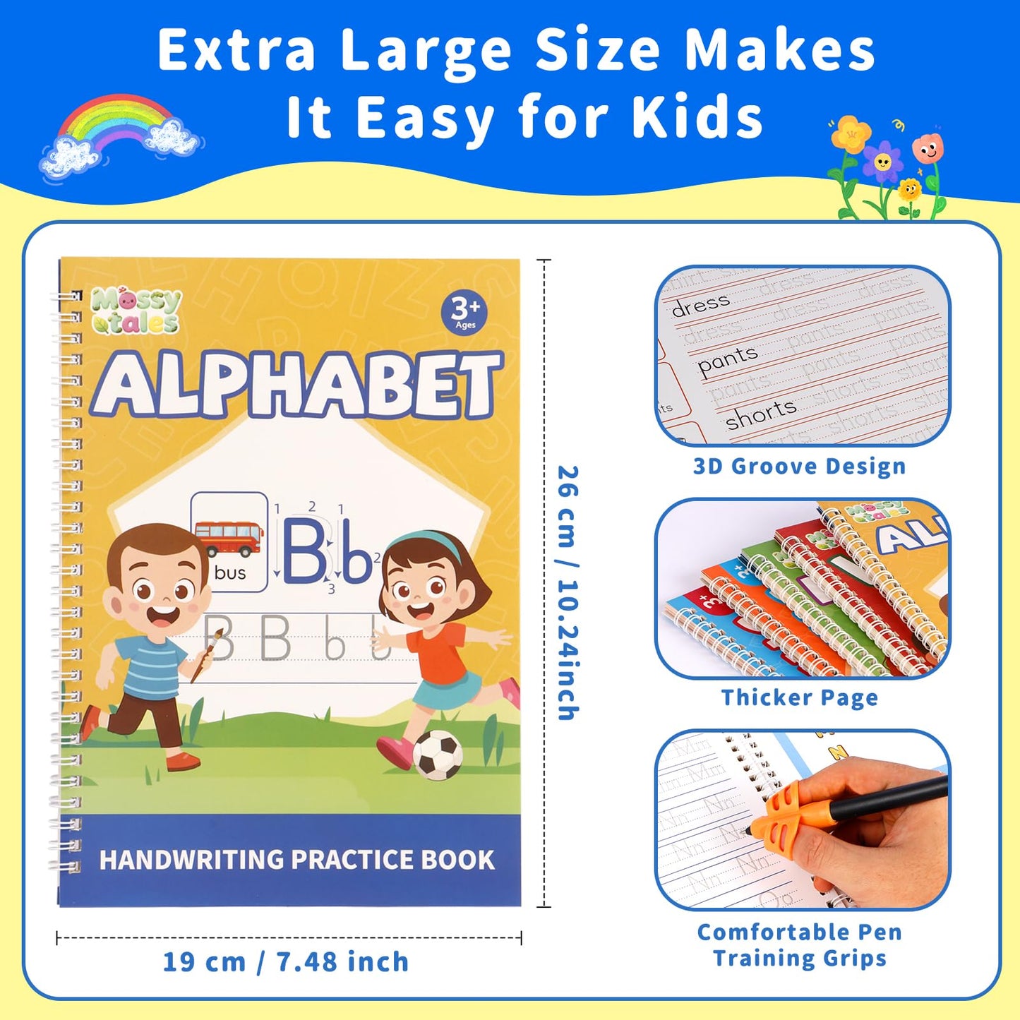 Magic Grooved Handwriting Practice Book for Kids Ages 3-8, Reusable Tracing Workbooks with Auto-Disappearing Ink, Preschool Learning Activities for Toddlers-Gifts for Children
