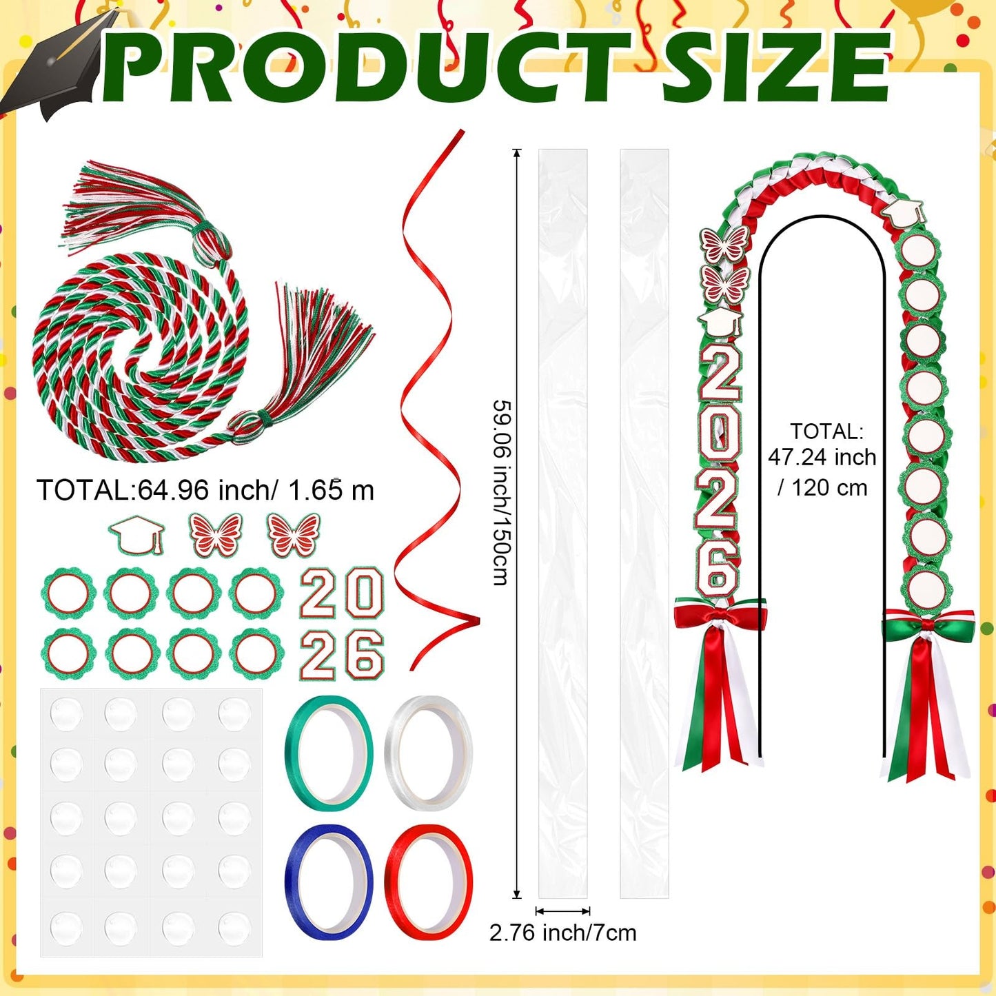 Lyrow Class of 2026 Mexican Graduation Leis Kit, Candy Leis for Graduation 2026 Green and Red Mexican Ribbon Double Lei Necklace Party Accessories