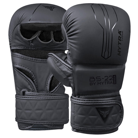 Mytra Fusion MMA Gloves 7 oz Grappling Gloves Open Palm MMA Training Gloves Punching Sparring Gloves Wrist Support Martial Arts, Cage Fighting Gloves (Black, L/XL)
