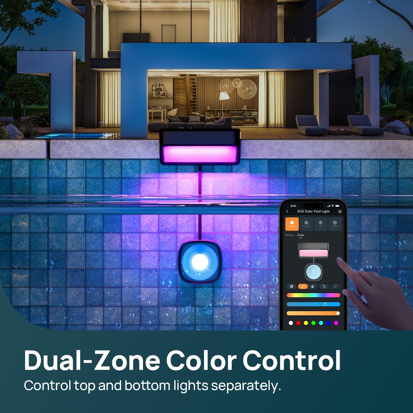 Linkind Smart Solar Pool Lights for Inground & Above Ground Pool, AI Dotis, Dual-Zone APP Control Pool Light, IP68 Waterproof Solar Power Pool Lights for Garden,Fence,Pond,2 Pack