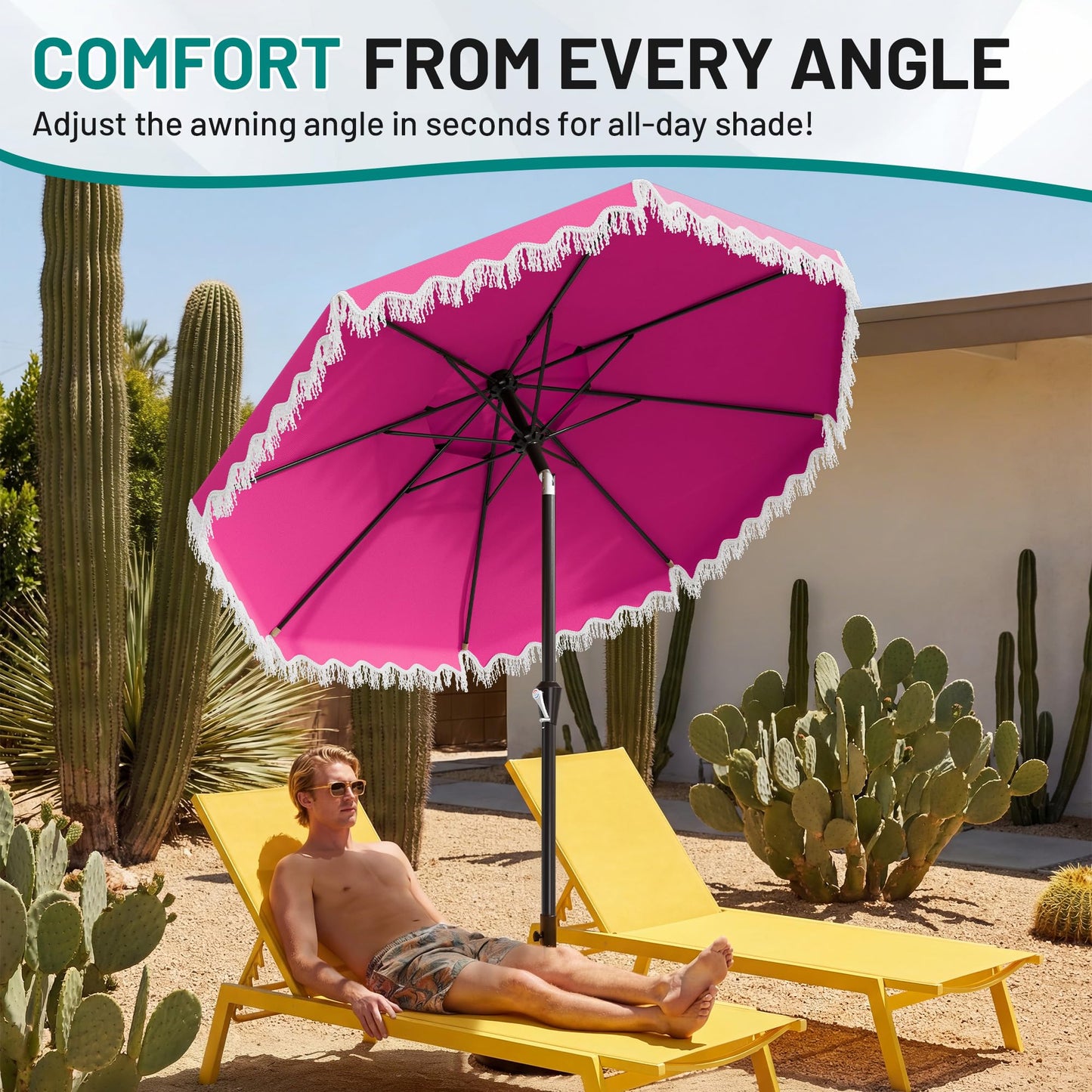 AreShark 9FT Patio Umbrella with Fringe, Wind-Resistant Fiberglass 8 Ribs Tassel Outdoor Umbrella with Crank and Push Button Tilt, Double Tier Vent Sun Shade for Pool, Deck, Backyard, Rose Pink