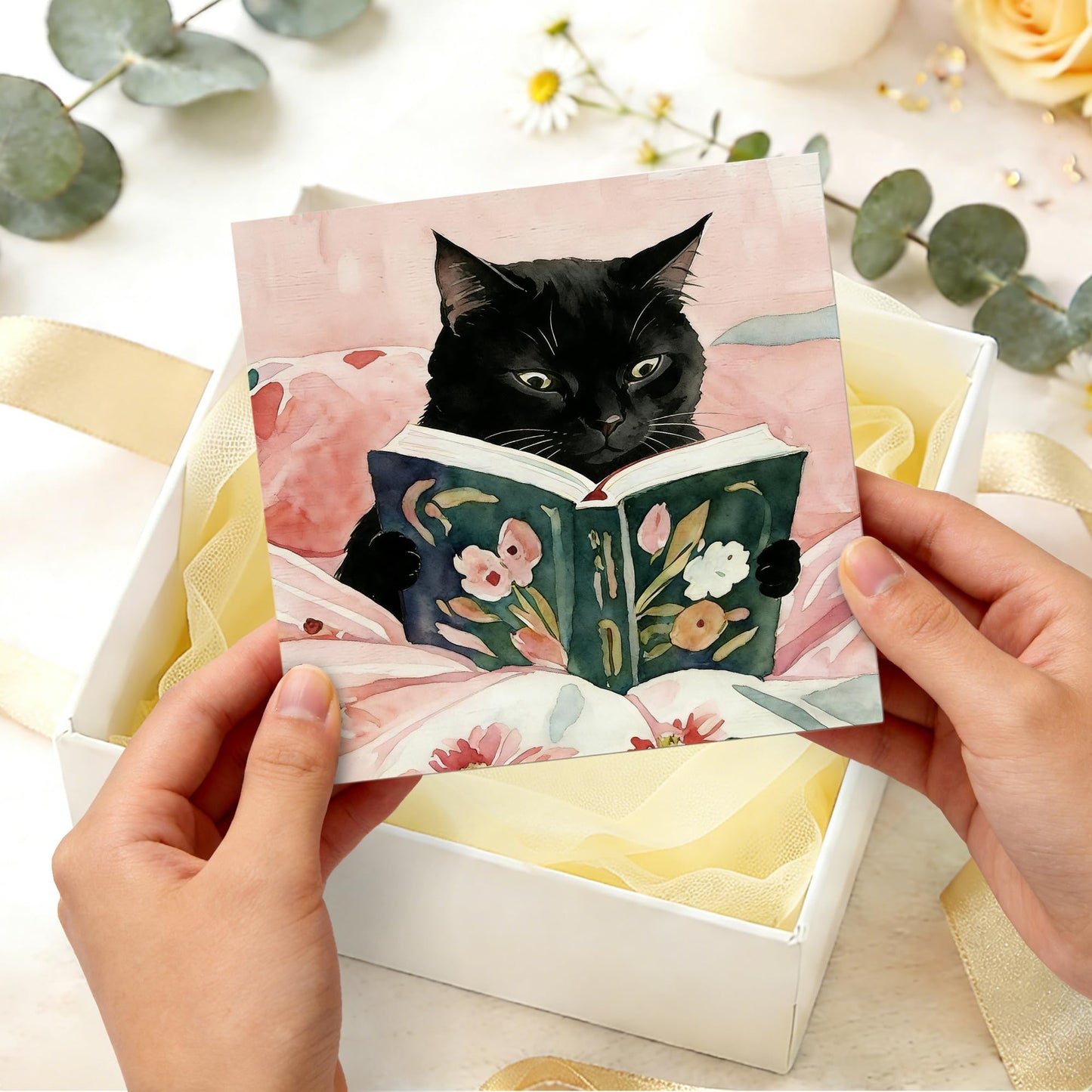 NHGMHBD Funny Black Cat Reading Book Wooden Box Sign 5x5 Inch, Reading Room Nook Corner Decor, Pink Bookish Kitten Decorative Wood Signs for Library Book Room Nook Home Desk Tabletop Shelf Decorations
