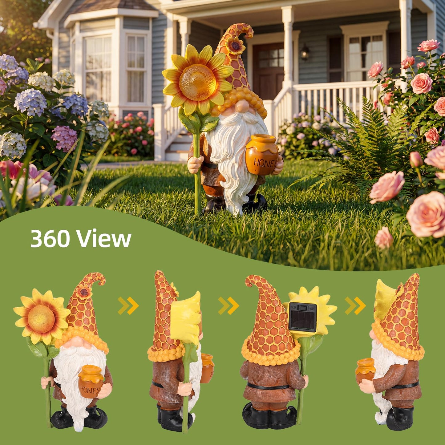 Lyeasw Solar Garden Gnome Statues with Sunflower Light - Outdoor Yard Decor - Honey Pot Gnome Figurines for Patio Lawn Walkway & Backyard, Unique Welcome Garden Gifts for Mom & Grandma
