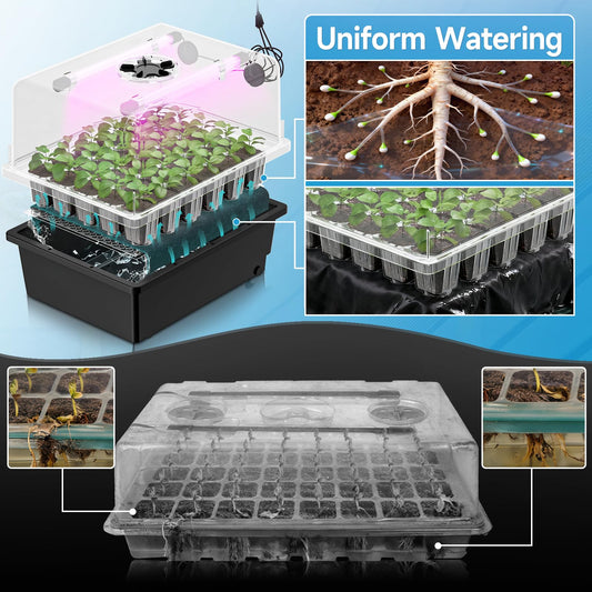 Hon&Guan 2 Pack Seed Starting Kit - 30 Cell Seed Starter Tray with Higher 5.3” Humidity Dome, LED Growing Lights and 10"x20.75" Seedling Heat Mat, Adjustable Vents - Germination & Plant Propagation