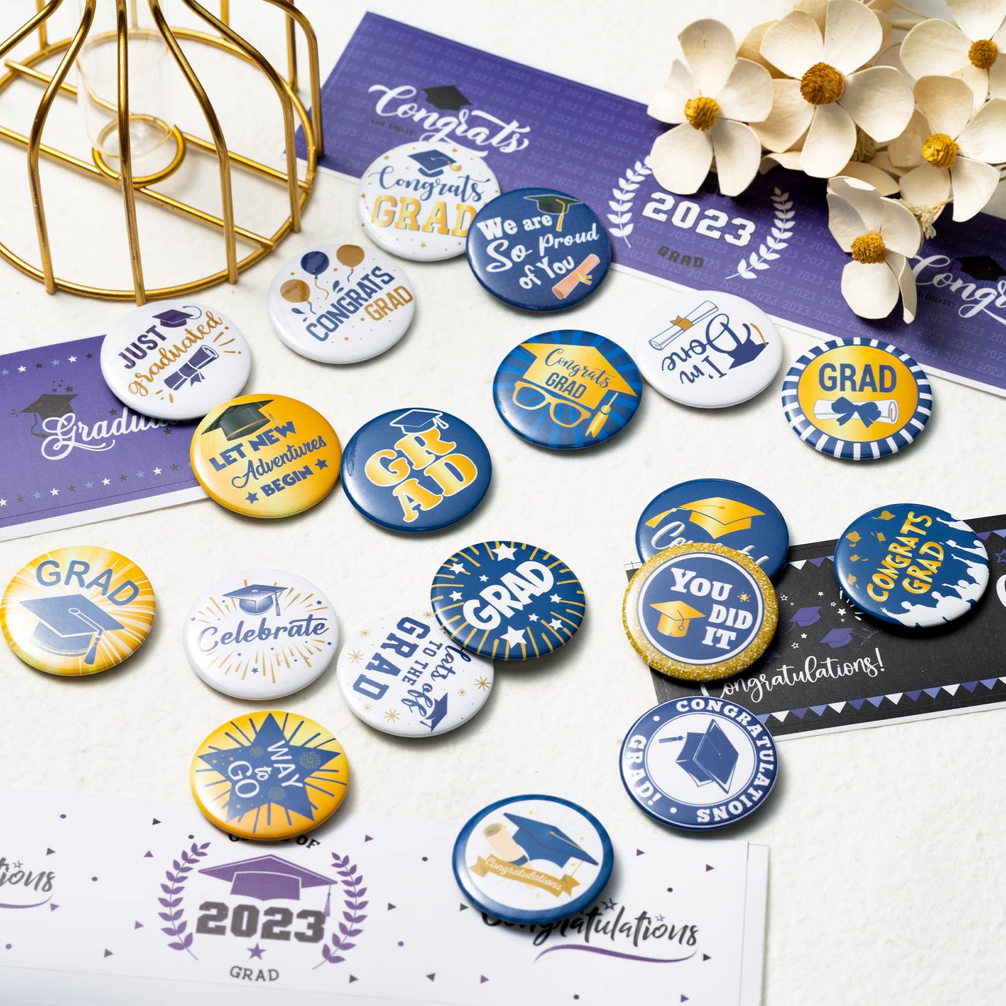 Dvbonike 40Pcs Graduation Button Pins, Class of 2024 Round Badges for Congrats Grad, Graduation Ceremony Party Gifts Supplies Blue and Gold Clothing Bag Decoration for College School Students
