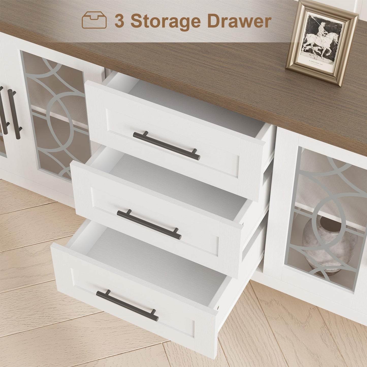 IDEALHOUSE Farmhouse TV Stand for 70 Inch, Mid Century Modern Entertainment Center with Glass Door, Television Stands 2 Storage Door and 3 Drawer with Shelves for Living Room Bedroom Rustic White
