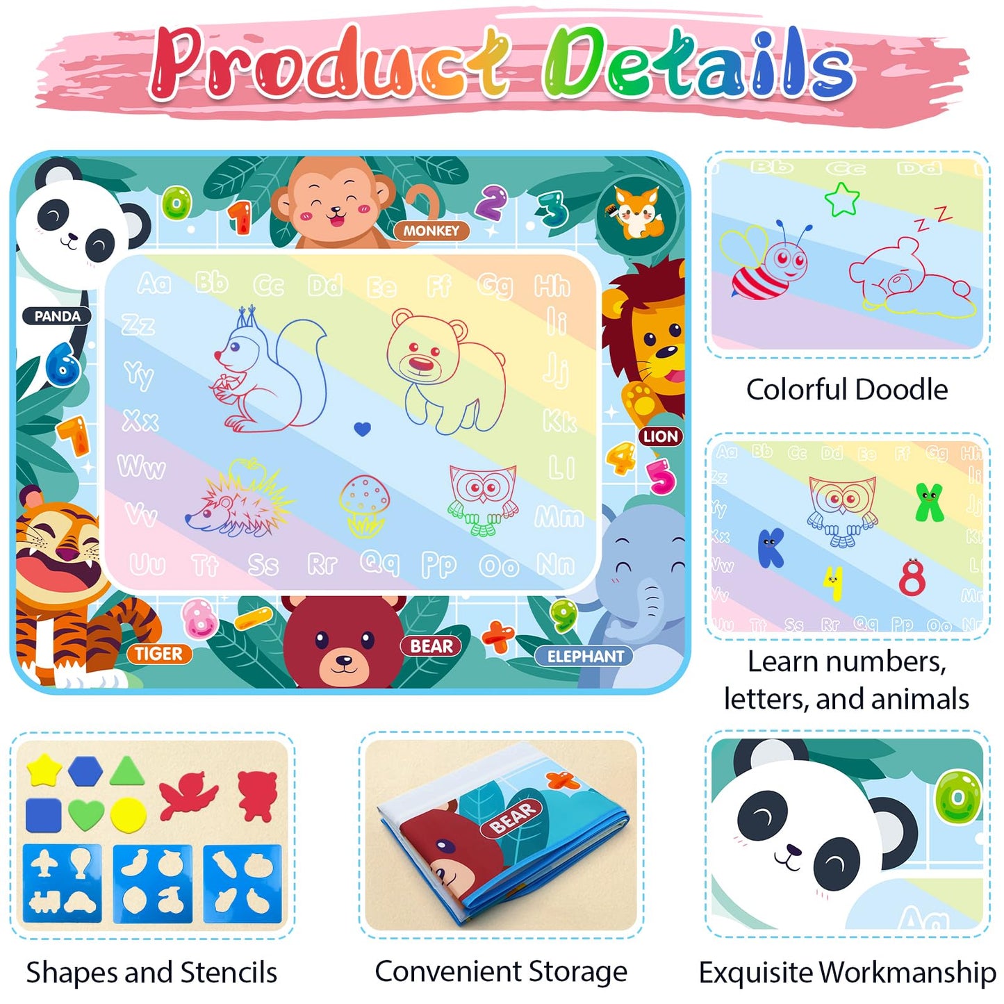Water Doodle Mat 40 x 32 Inch Kids Water Painting Doodle Drawing Mat Toy Writing Mess Free Coloring Extra Large Magic Educational Toys for Boys Girls Age 4 5 6 7 8 Year Old Christmas Birthday Present