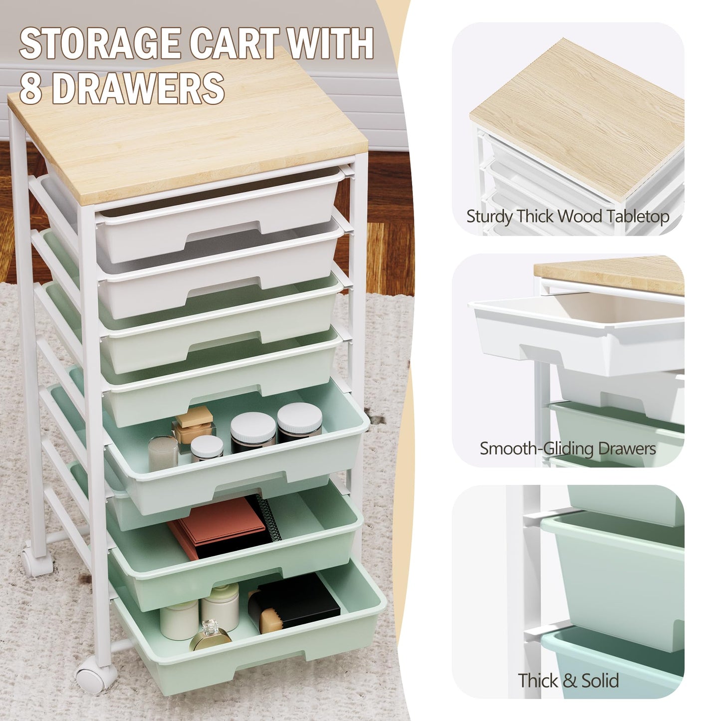 Rolling Cart with 8 Drawers, Storage Drawers Cart with Wooden Tabletop and Lockable Wheels, Craft Storage for Living Room, Office, Classroom, Craft Room, Bedroom