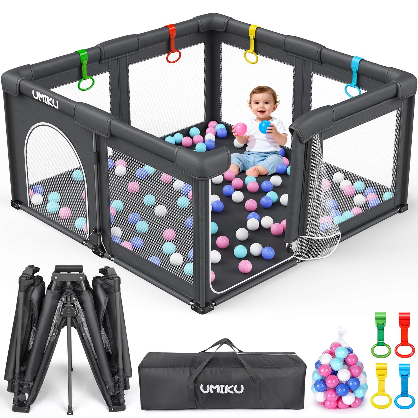 Baby Playpen Foldable Playpen for Babies and Toddlers, Large Playpens Portable Play Pen Play Yard for Kids Fence Indoor Outdoor Travel 4 Handlers 50 Balls Baby Gifts Essentials 50"X50" Dark Grey