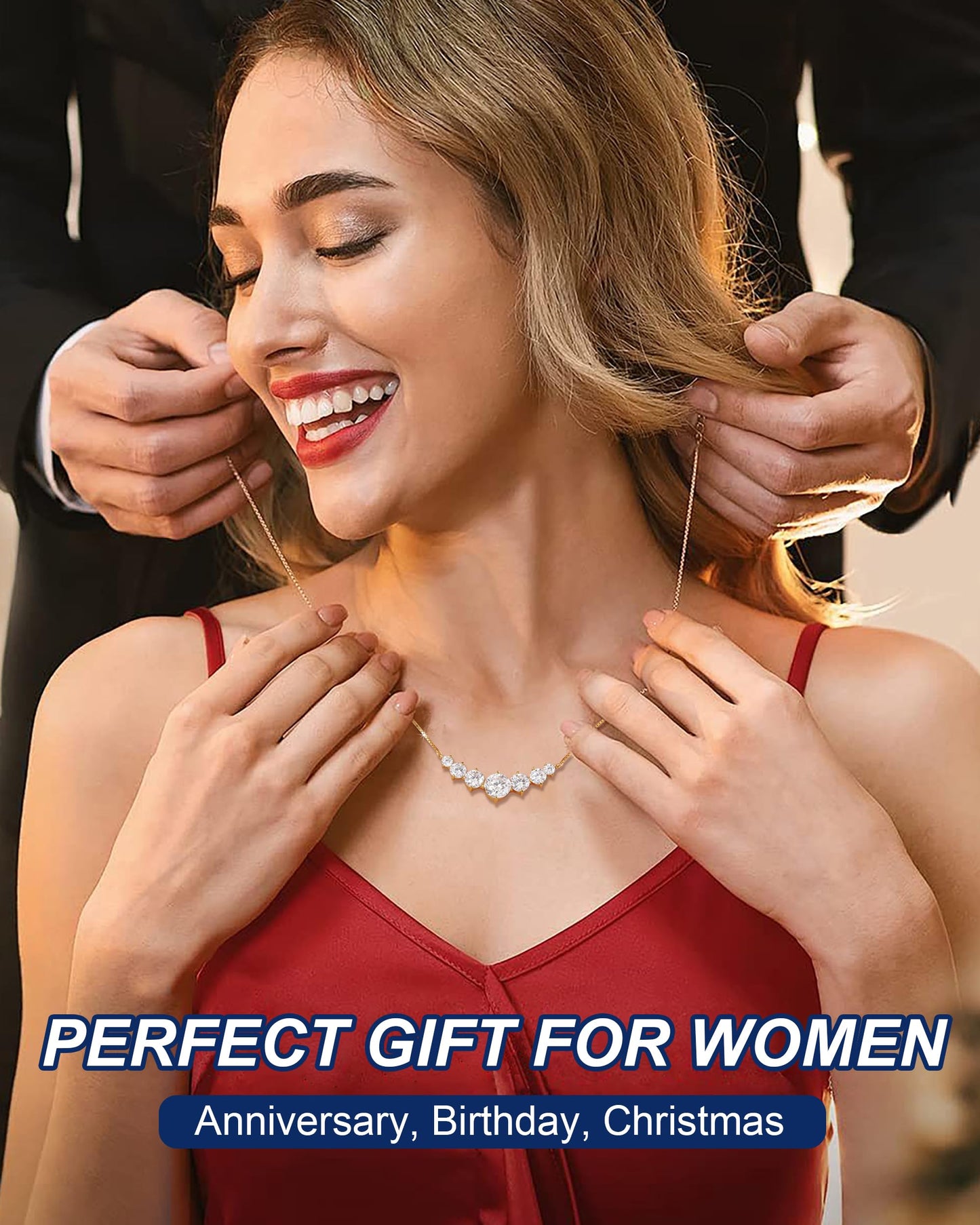 1.7 Carat Simulated Diamond Necklace for Women, 7 Stones Moissanite Pendant Necklaces 18k Yellow Gold Plated Sterling Silver Moissanite Necklace 19 inch Adjustable Box Chain Jewelry Gifts for Mom Wife