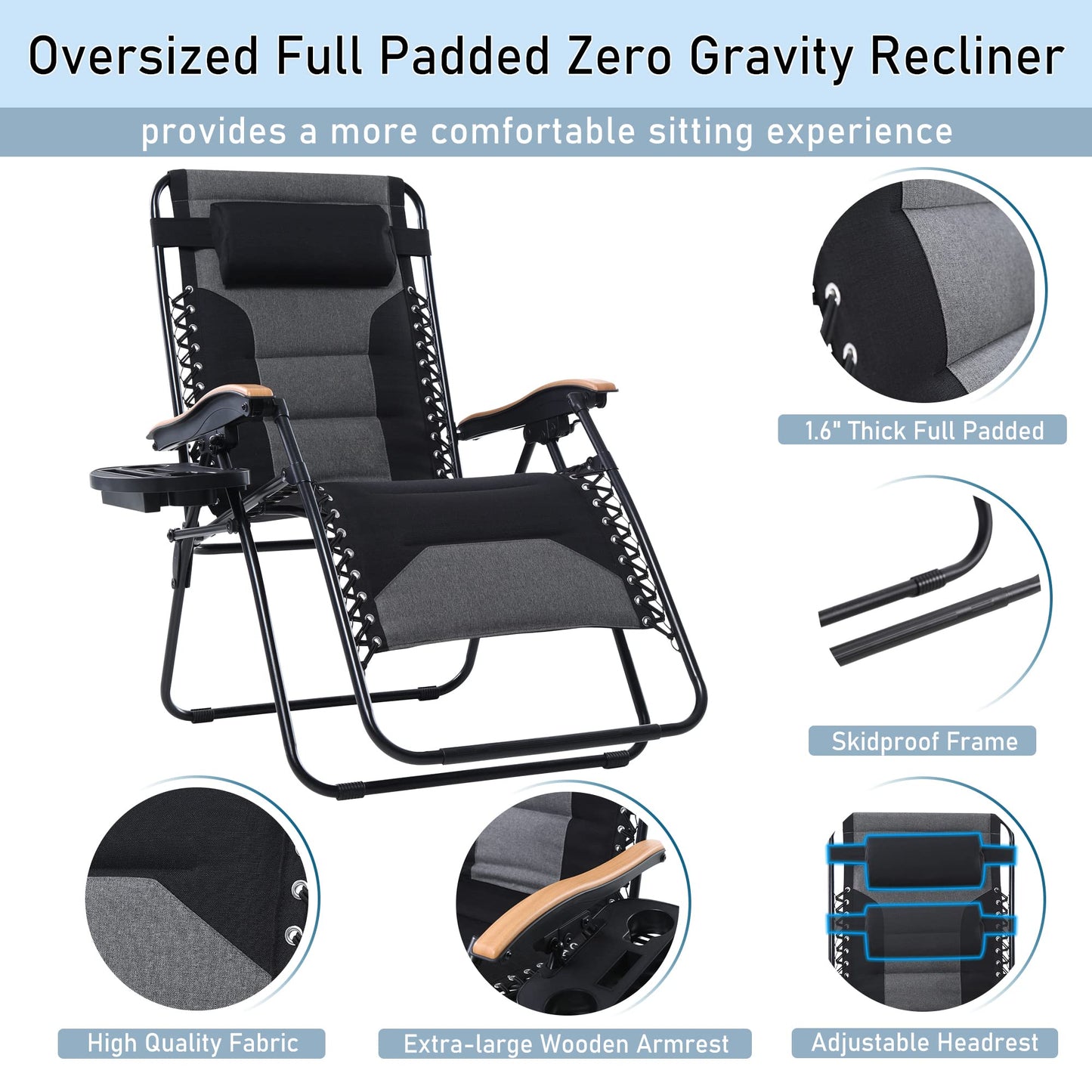 PHI VILLA XXL Oversized Padded Zero Gravity Chair Set of 2, Foldable Patio Recliner, 30" Wide Seat Anti Gravity Lounger with Armrest and Cup Holder, Support 400 LBS (Black)