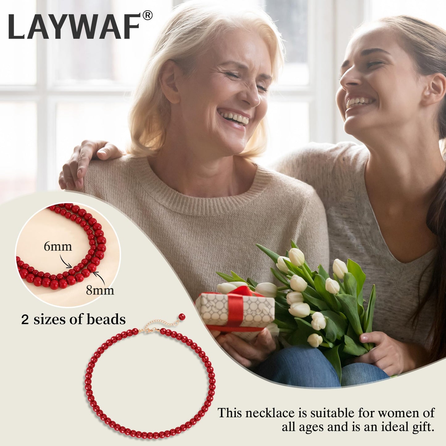 LAYWAF Red Imitation Pearl Carnelian Necklace for Women, Fake Pearl Choker Necklace, 6MM Beaded Necklace, Simple Faux Pearl Costume Jewelry for Mom Wedding Bride Bridal