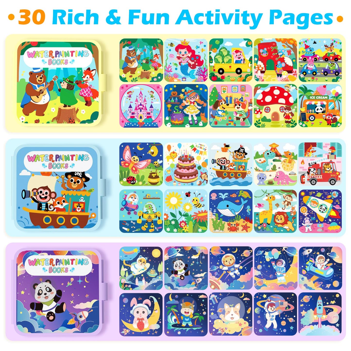 BATHKITS Reusable Water Painting Book for Kids - 3 Pack Magic Water Coloring Books with Water Pens, Fairy Tale, Animal & Space Themes | No Mess Paint, Travel Activity Toy, Gift Box, 30 Pages, Ages 3+
