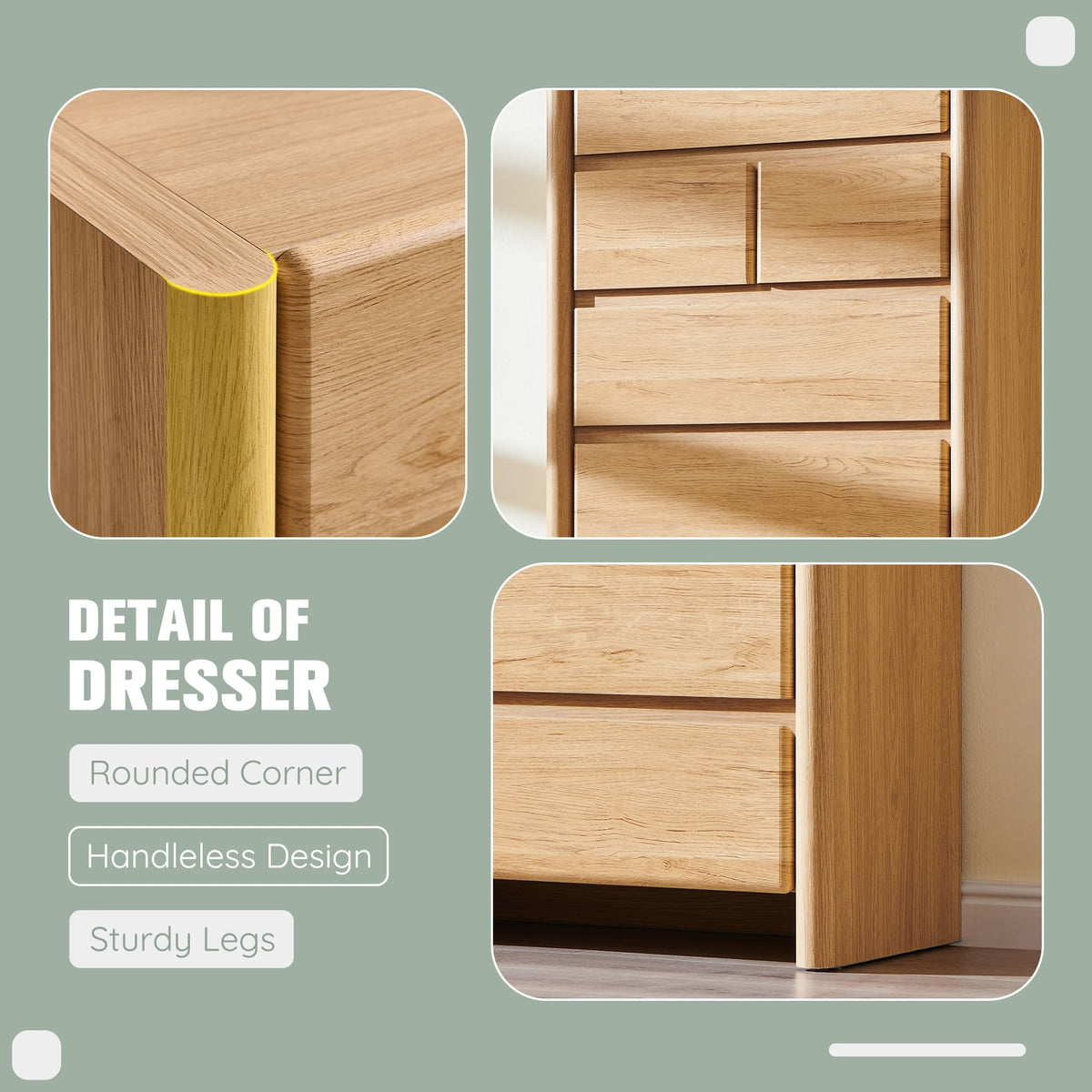 wow97e Modern 7 Drawers Dresser for Bedroom, 54.7" Tall Large Dresser & Chests of Drawers w/Rounded Corner, Wood Handleless Organizer Dresser w/Natural Texture for Bedroom, Living Room-Natural