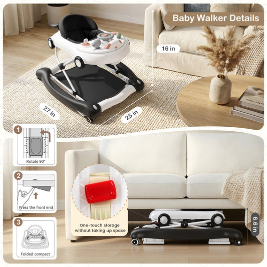 Baby Walker, 5-in-1 Baby Walker for Boys and Girls with Bouncer, Removable Footrest, Music, Foldable & Adjustable Speed Wheels Activity Walker for 6-18 Months Toddler Infant(Black)