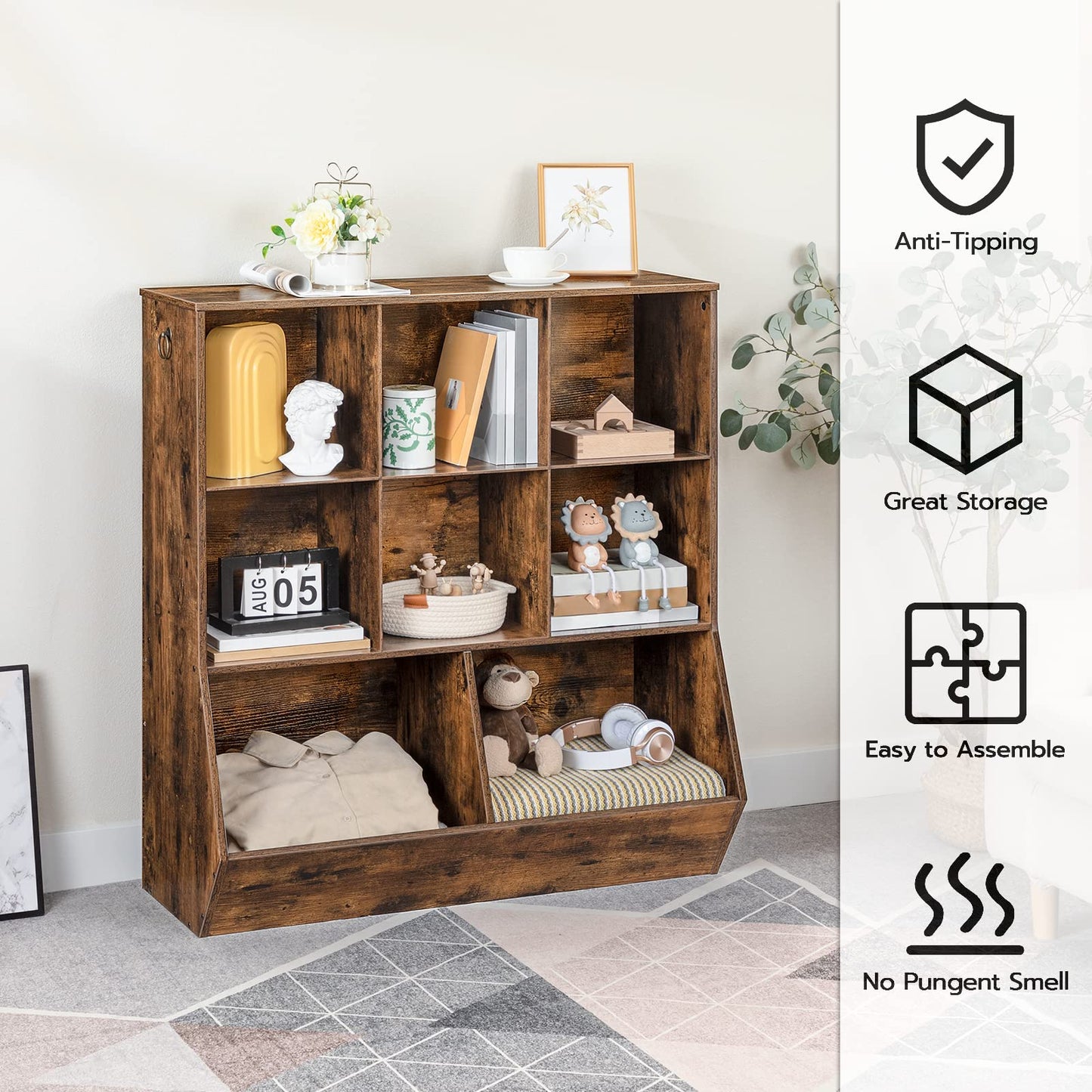 HOOBRO Kids Bookshelf, Toy Storage Cabinet, Kids Toy Organizer, 8 Cubicles, Bookcase Footboard, Bookshelf for Kids, for Playroom, Bedroom, Nursery, School, Rustic Brown FG35CW01G1