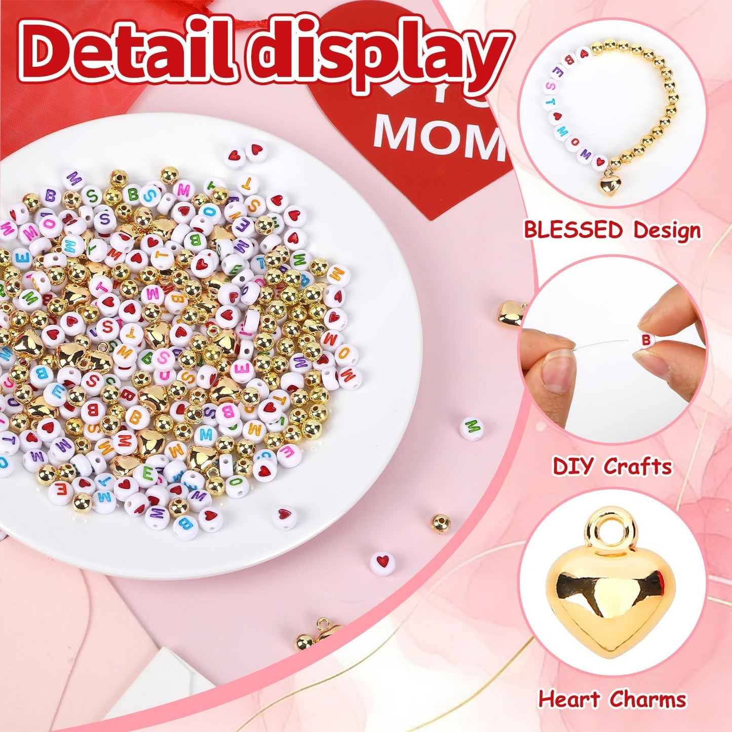 Augshy 24 Sets Mother's Day Bracelet Making Kit, Mom Bracelets DIY Craft Kit Letter Beads Heart Pendants Heart Gift Cards Organza Bags for Mothers Day Gifts Classroom Handcrafted Activity Party Favors