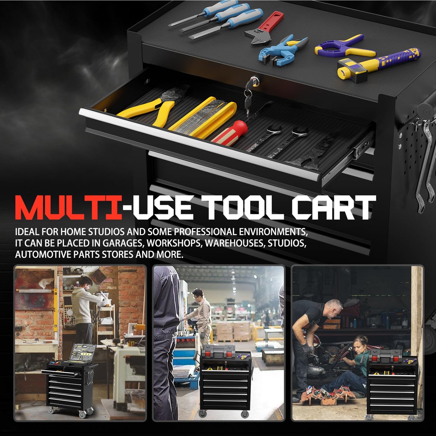 7-Drawer Rolling Tool Chest,Metal Rolling Tool Chest with Wheels and Locking Tool Box,Portable Metal Tool Box for Warehouse,Garage, Repair Shop, Workshop (Black, 7-Drawer)