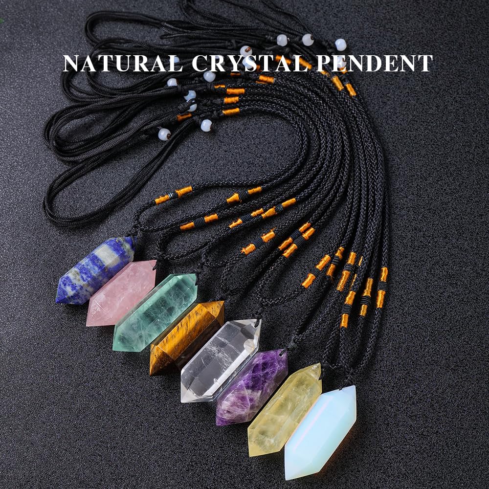 Runyangshi Tiger's Eye Healing Crystal Pendants, Double Pointed Natural Crystal Quartz Necklace 6 Faceted Chakra Crystal Wand Stone