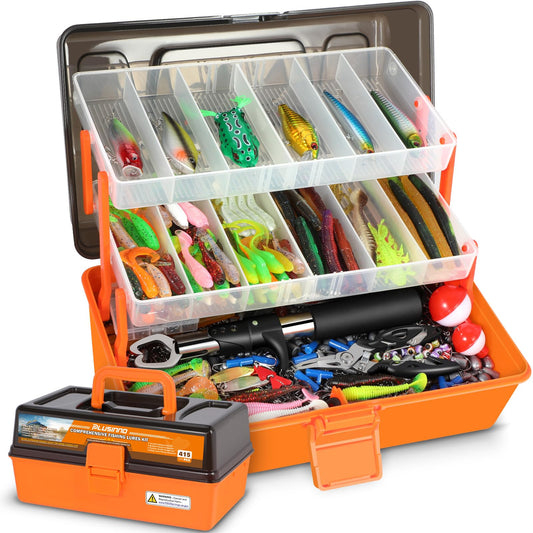 PLUSINNO Large 3 Layers Fishing Tackle Box with Tackle Included, 415Pcs Fishing Lures Kit Contains Pliers, Crankbait, Hooks, Weights & Accessories, Fishing Gear Gifts for Men Starter Kits Bass Trout