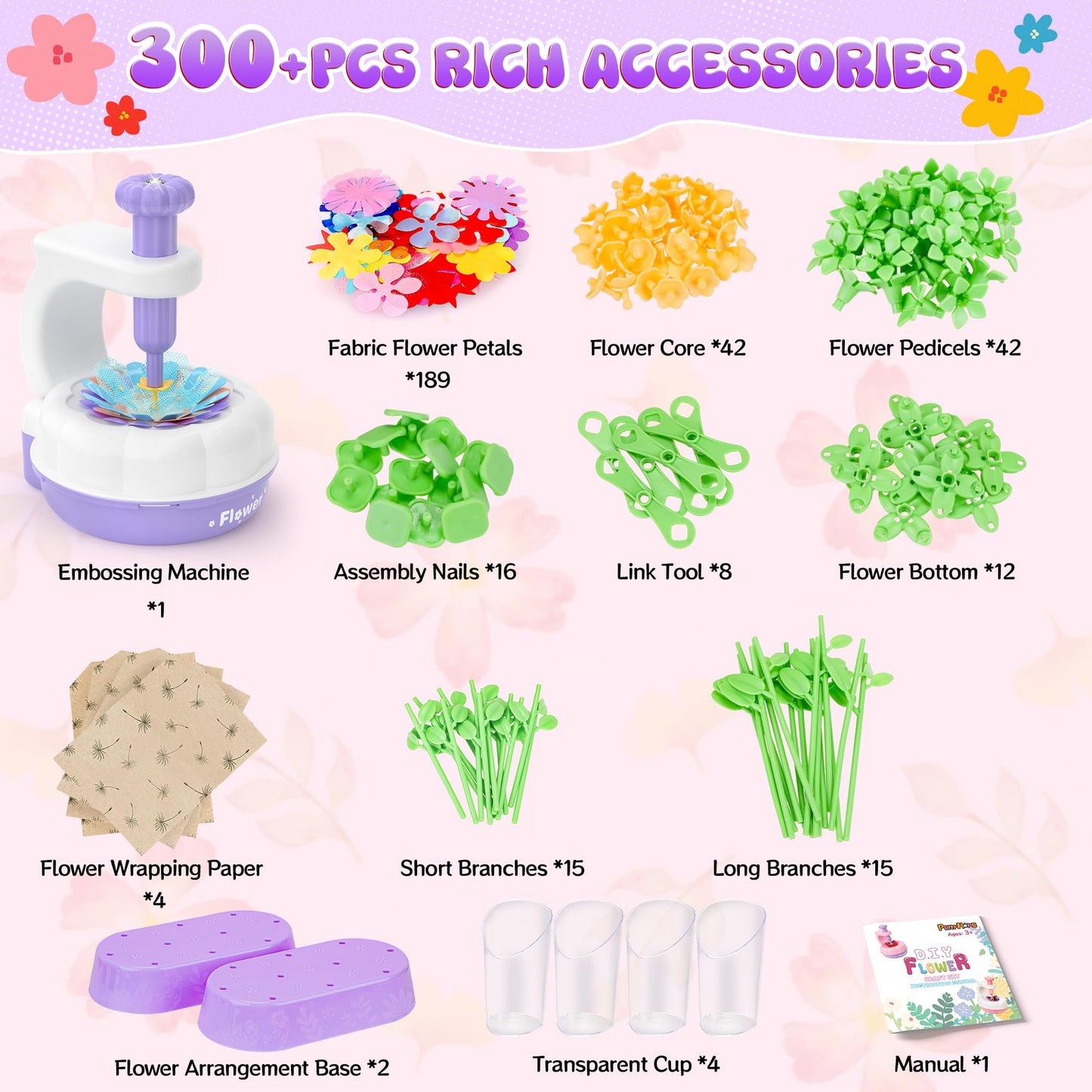 GirlsHome 300+PCS Fabric Flower Bouquets Toys, DIY Flower Making Kit for Kids, Reusable Arts and Crafts for Kids, 2 Gameplays STEM Educational Preschool Toy, Birthday Gifts for 3 4 5 6 7 8+ Years Old