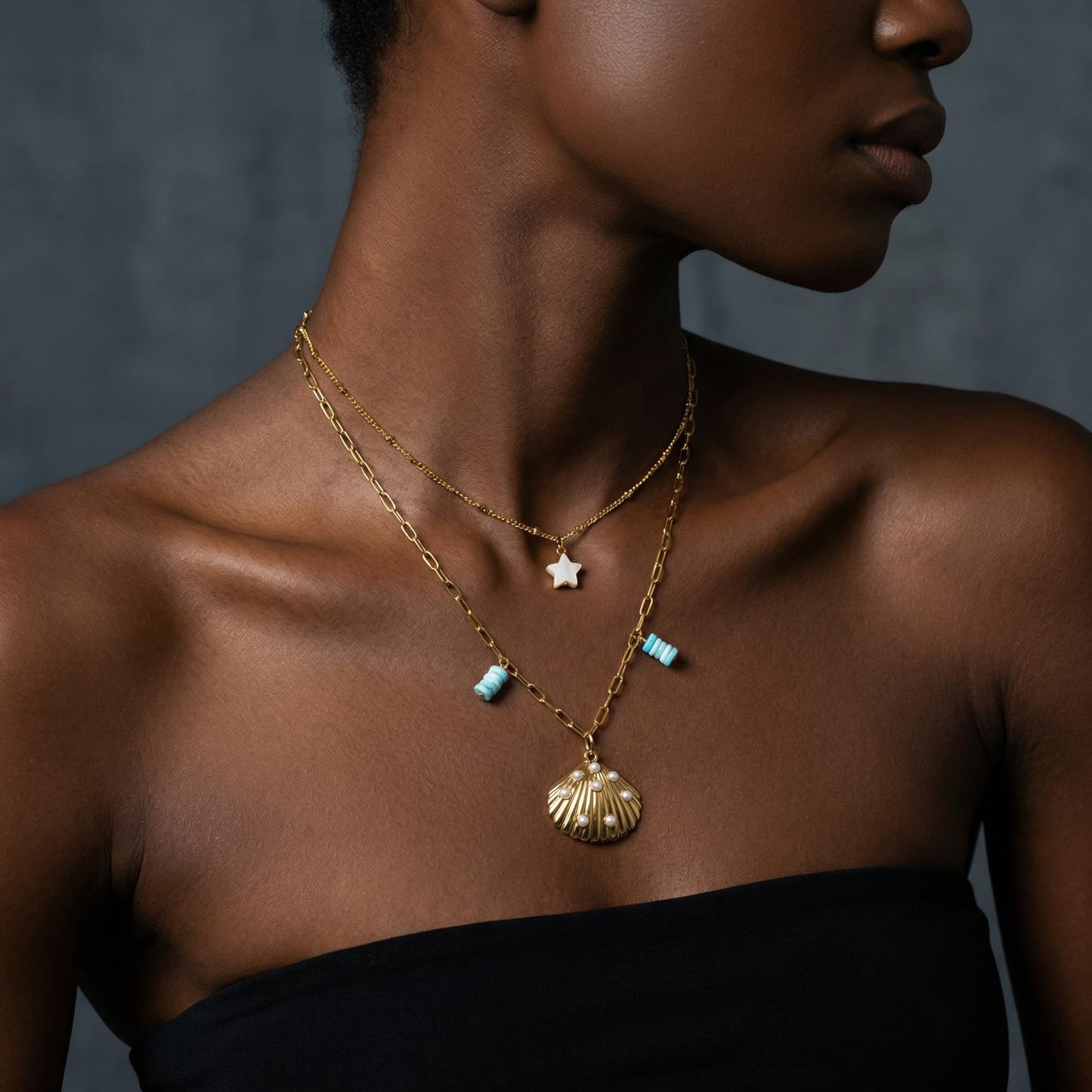 Harlermoon Gold Starfish Necklace for Women - 18K Gold Plated Stainless Steel Ocean Beach Jewelry, Sea Turtle Shell Pearl Pendant, Waterproof Non Tarnish Snake Chain Choker, Summer Vacation Mermaid Gifts (Shell Pearl Star)
