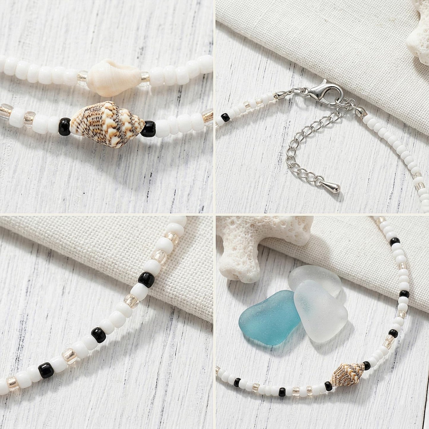 Lameybrt Cowrie Shell Surfer Necklaces, Hawaiian Beach Handmade Choker Set for Women, White Rice Bead with Black Accents, Bohemian Summer Seashell Choker 2 Piece Set, Perfect for Summer Beach Vacation, Birthday, Mother’s Day & Holiday Gifts (Shell 1)