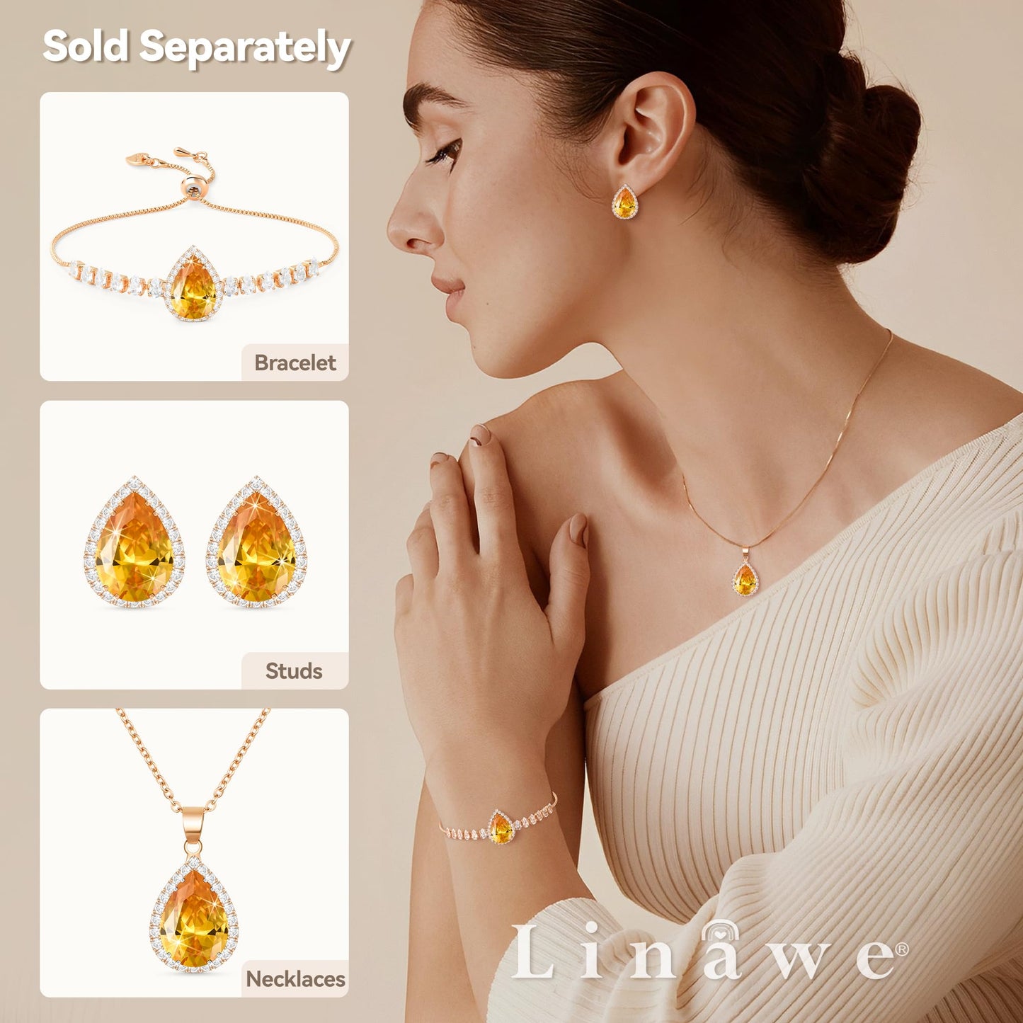Linawe Citrine Crystal Chain Necklace for Women, Imitation Diamond Pendant Rose Gold Preppy Necklace, Yellow Cubic Zirconia Rhinestone Teardrop Boho Vintage Jewelry Set