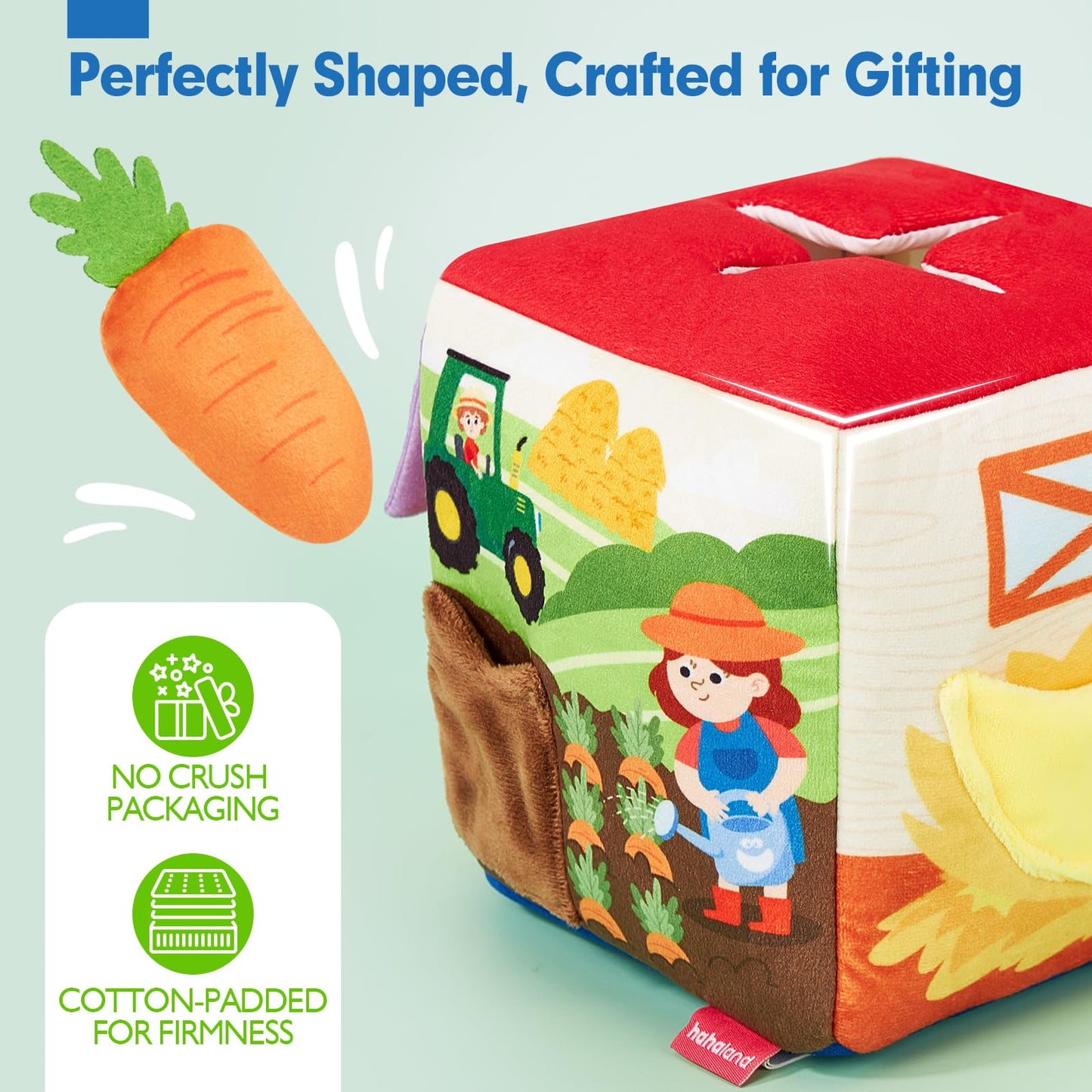 hahaland Baby Toys 6-12 Months - Mystery Soft Box with 12 Sensory Farm Animals Plush, Whats Inside Box with Rattle, Crinkle, Squeaker, Mirror, Montessori Toys for 6 Month Old Easter Basket Stuffers