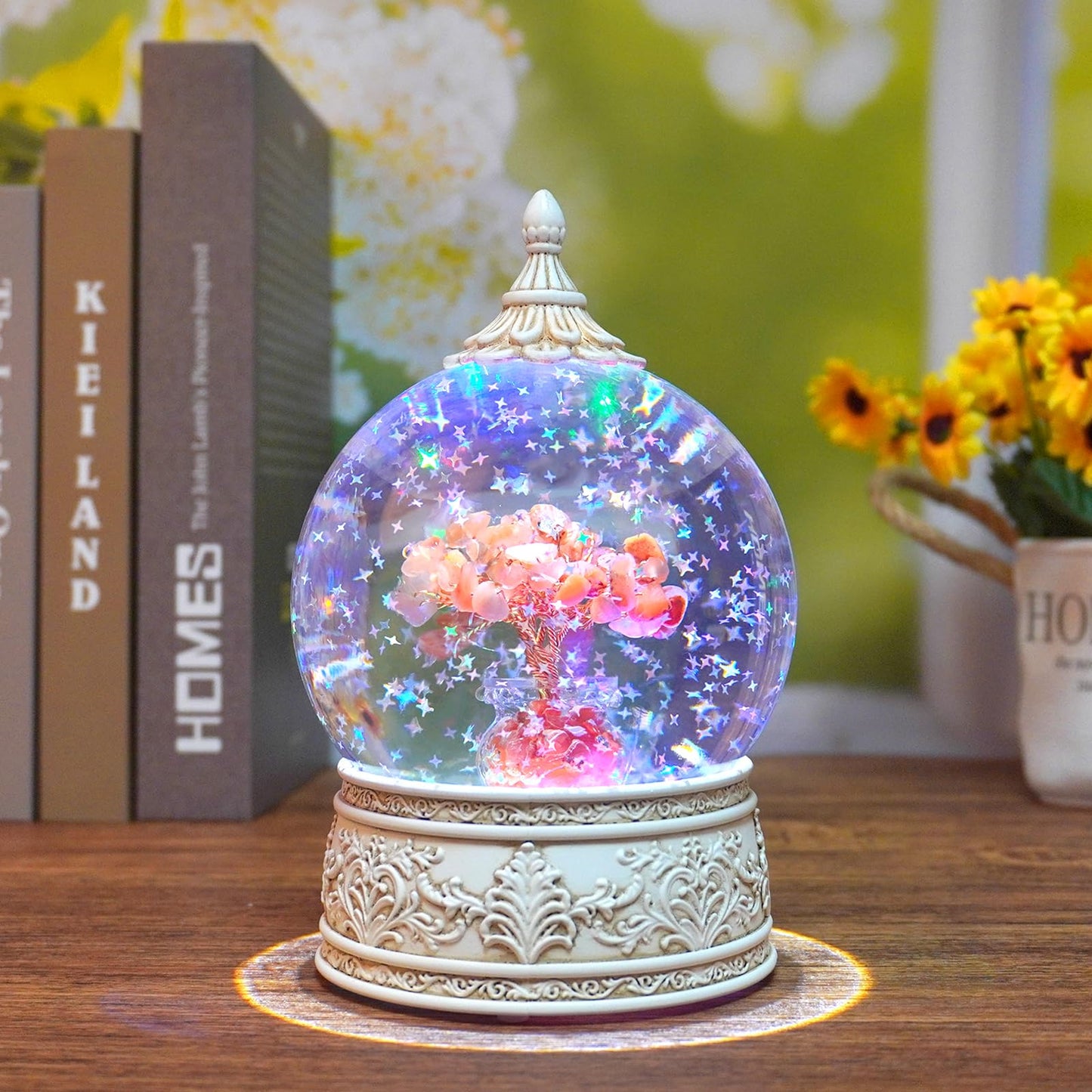 Red Agate Healing Crystal Tree Globe with Colorful Lights and Sparkling Glitter, Natural Gemstone Base, Spiritual Meditation, Positive Energy Good Luck, Home Decor, Birthday Gifts (Red Agate)