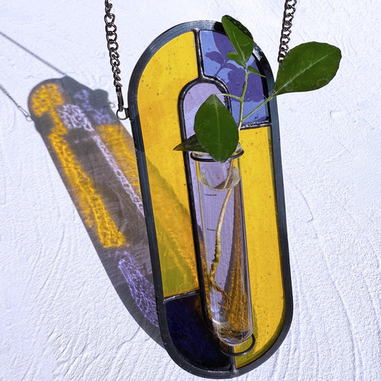 LITMIND Multi-Color Stained Glass Propagation Station - Handcrafted Translucent Suncatcher Planter with 2 Tubes, Hanging Hydroponic Decor for Windows & Garden, Indoor Outdoor Use, 7x2.5 Inches