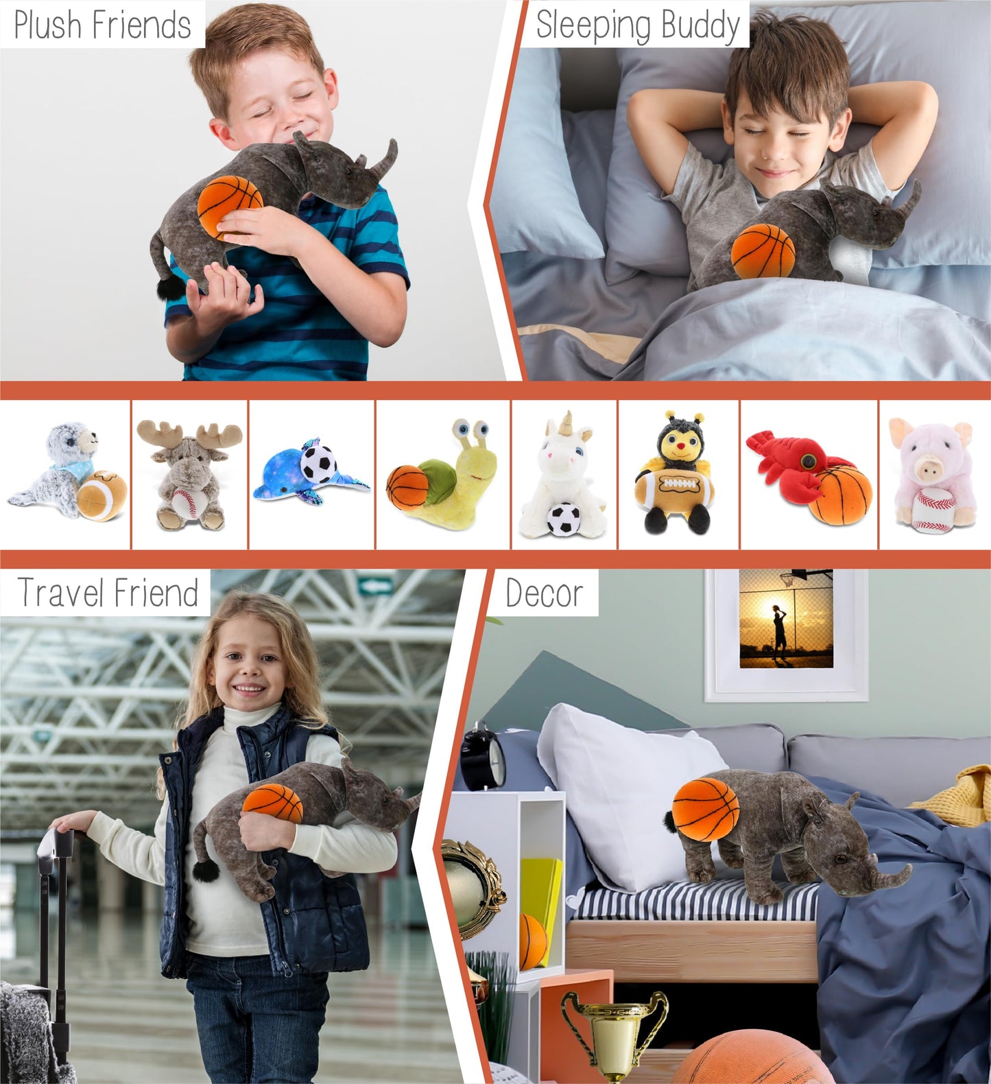 DolliBu Wild Collection Rhino Stuffed Animal with Basketball Plush - Huggable Rhinoceros, Fun Playtime Plush Toy, Cute Wildlife Gift, Personalized Doll Animal Toy for Kids and Adults - 15 Inches