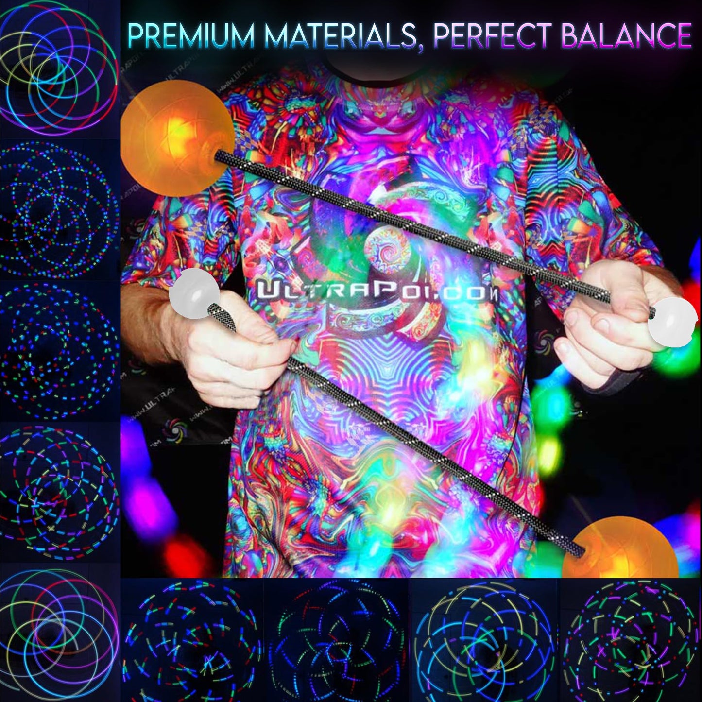 UltraPoi OrbPoi Pro Set - Rechargeable Contact Poi Balls with Non-LED Knob Handles, 40+ Color and Pattern Modes, Soft Durable Cover, Glow Poi & Flow Arts Toy, LED Spin Balls, and Rave Flow Toys