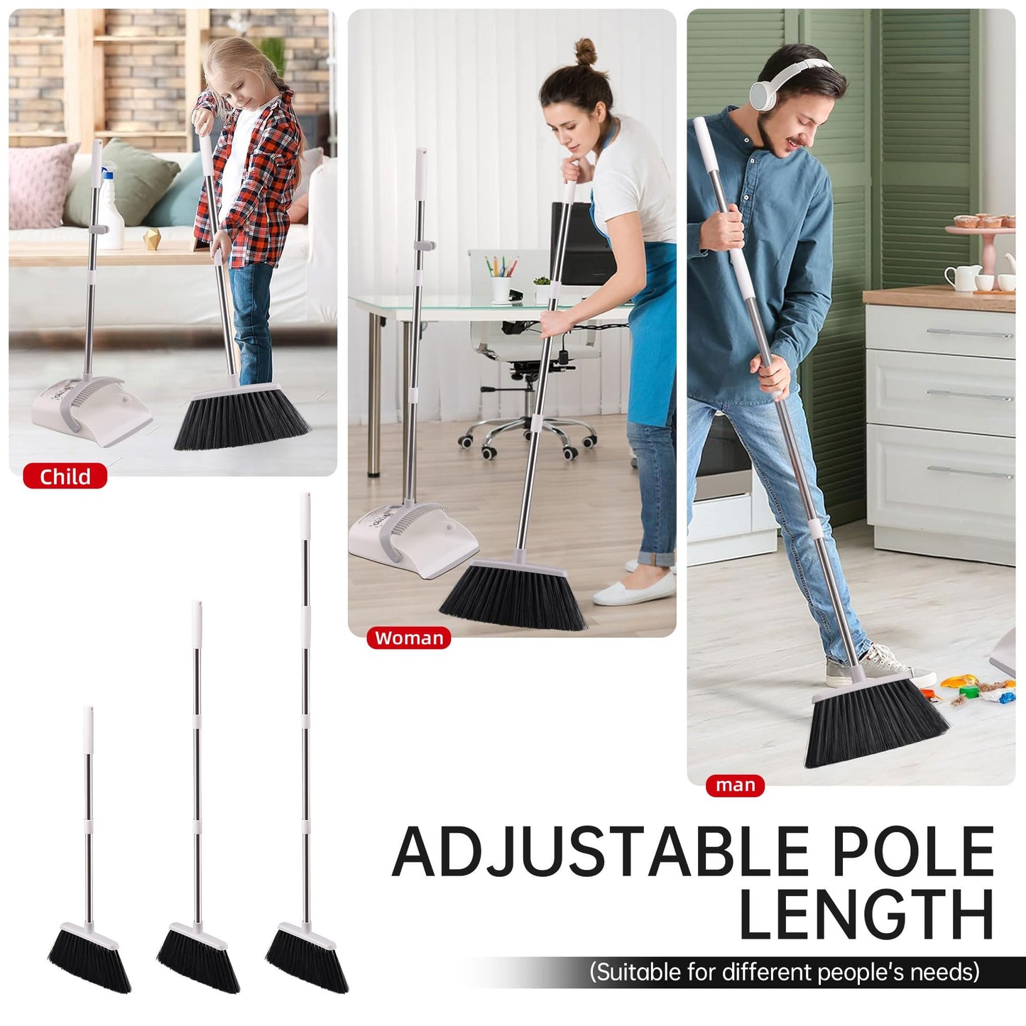 OPTTIDI Broom with Dustpan Combo Set, Hand Broom and Dustpan Set for Sweeping Indoor Angle Broom for Home Office Kitchen Lobby Floor Pet Hair Indoor&Outdoor Cleaning (White&Gray)