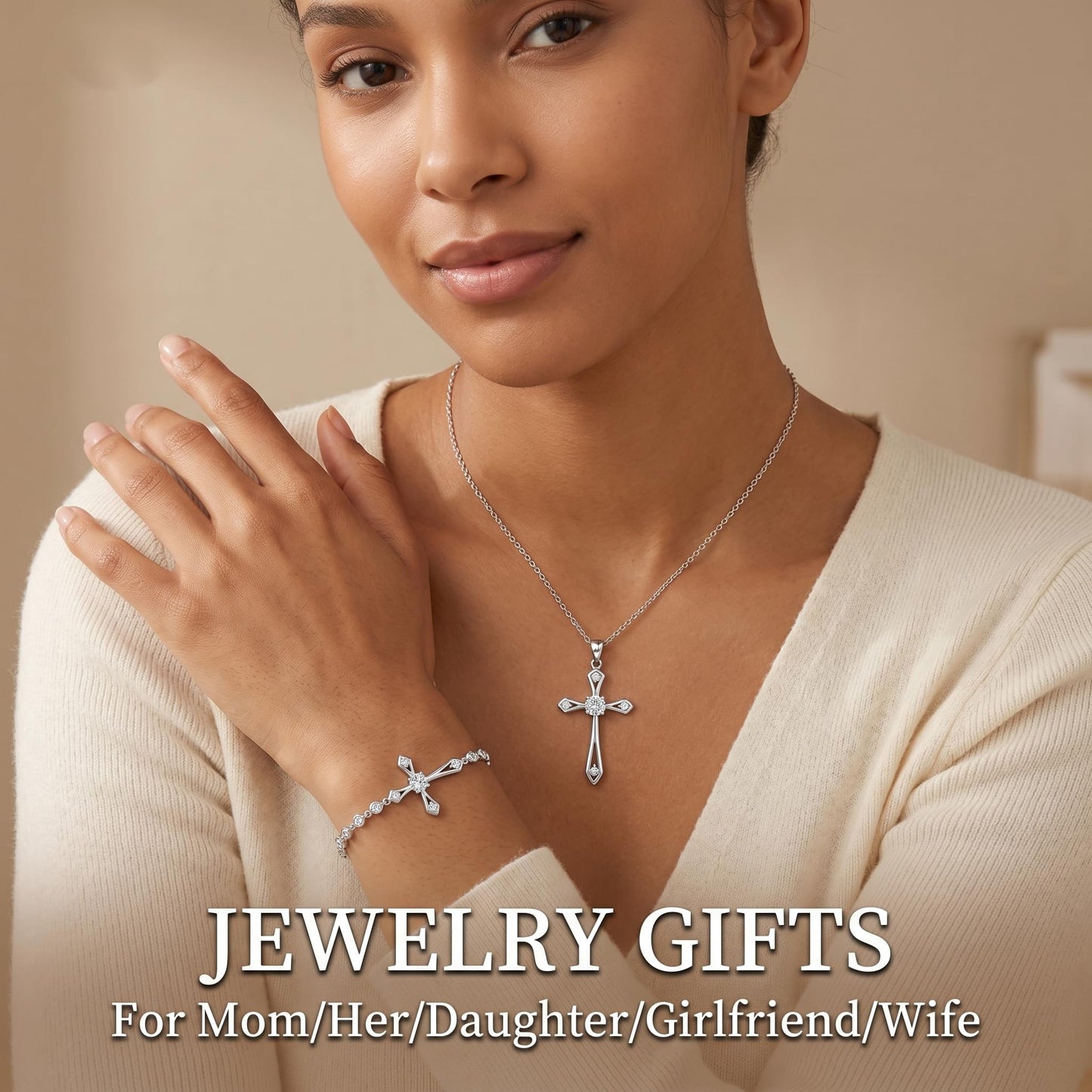 Dainty Cross Birthstone Necklace for Women,Sterling Silver Simulated Diamond April Birthstone Pendant,First Communion Faith Jewelry Religious Gifts on Birthday Mother's Day for Her/Wife/Mom/Sister