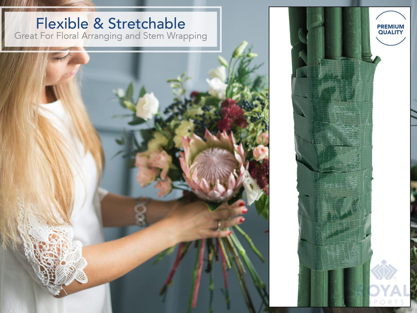 Royal Imports Floral Tape Green, Flower Stem Wrap Adhesive Waterproof Florist Tape for Decorative Bouquets Arranging and Crafts - 0.25" (60 Yd/180Ft) - 3 Rolls