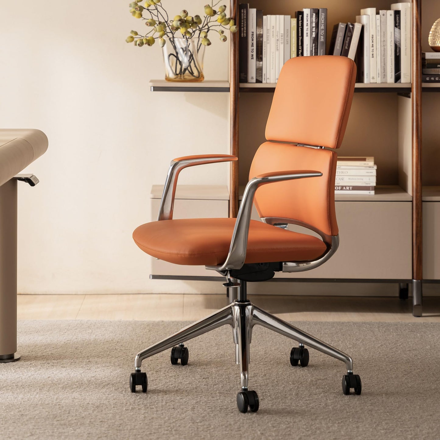 TOMU Genuine Leather Office Desk Chair with Wheels, Ergonomic Leather Executive Chair, Mid Back, Swivel Base with Adjustable Tilt, Modern Style, Luxury Aluminum Frame (Orange)