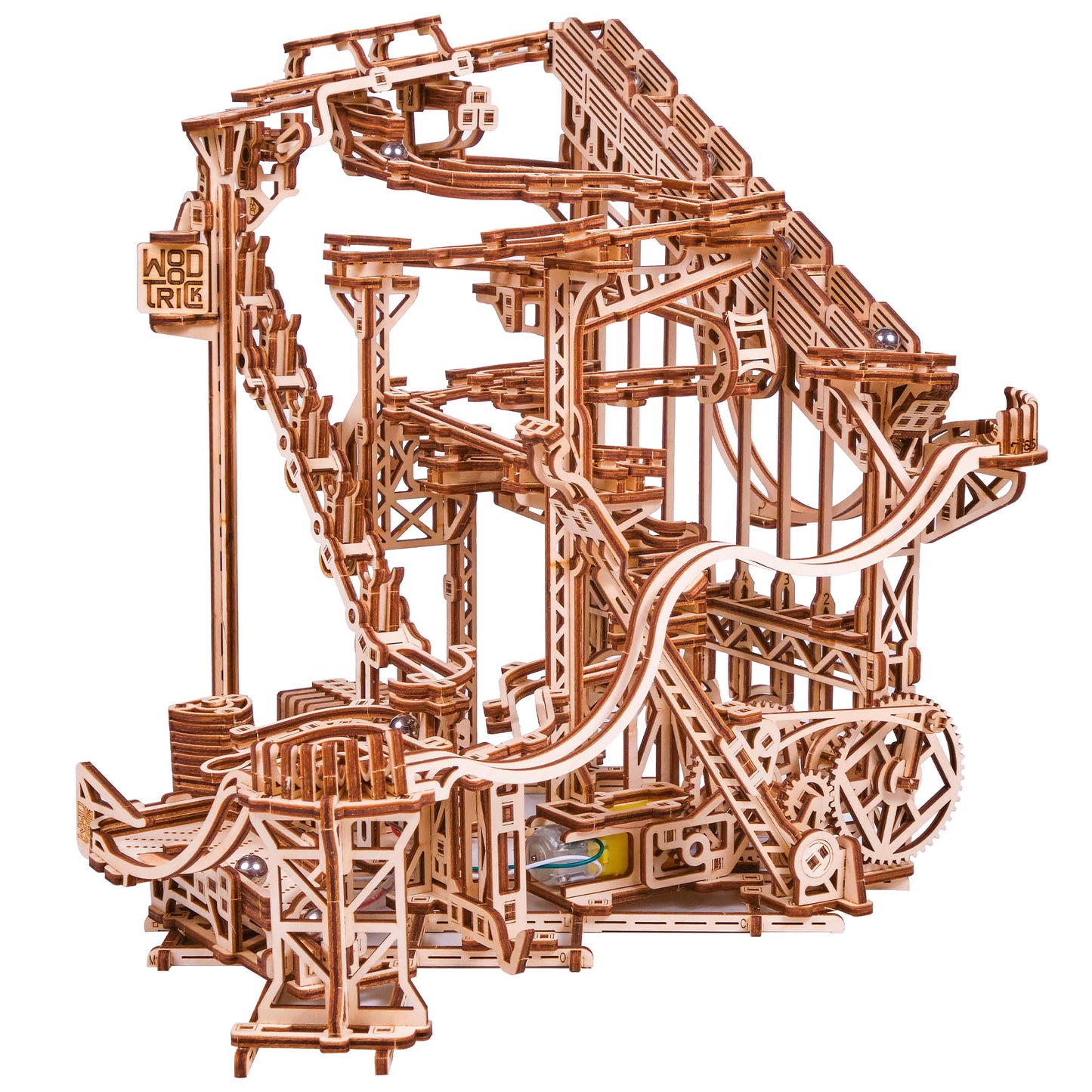 Wood Trick Wooden Marble Run Spiral Electric Motorized - Wooden 3D Puzzles for Adults to Build - 13x13 - Roller Coaster Mechanical Wooden Model Kits for Adults to Build