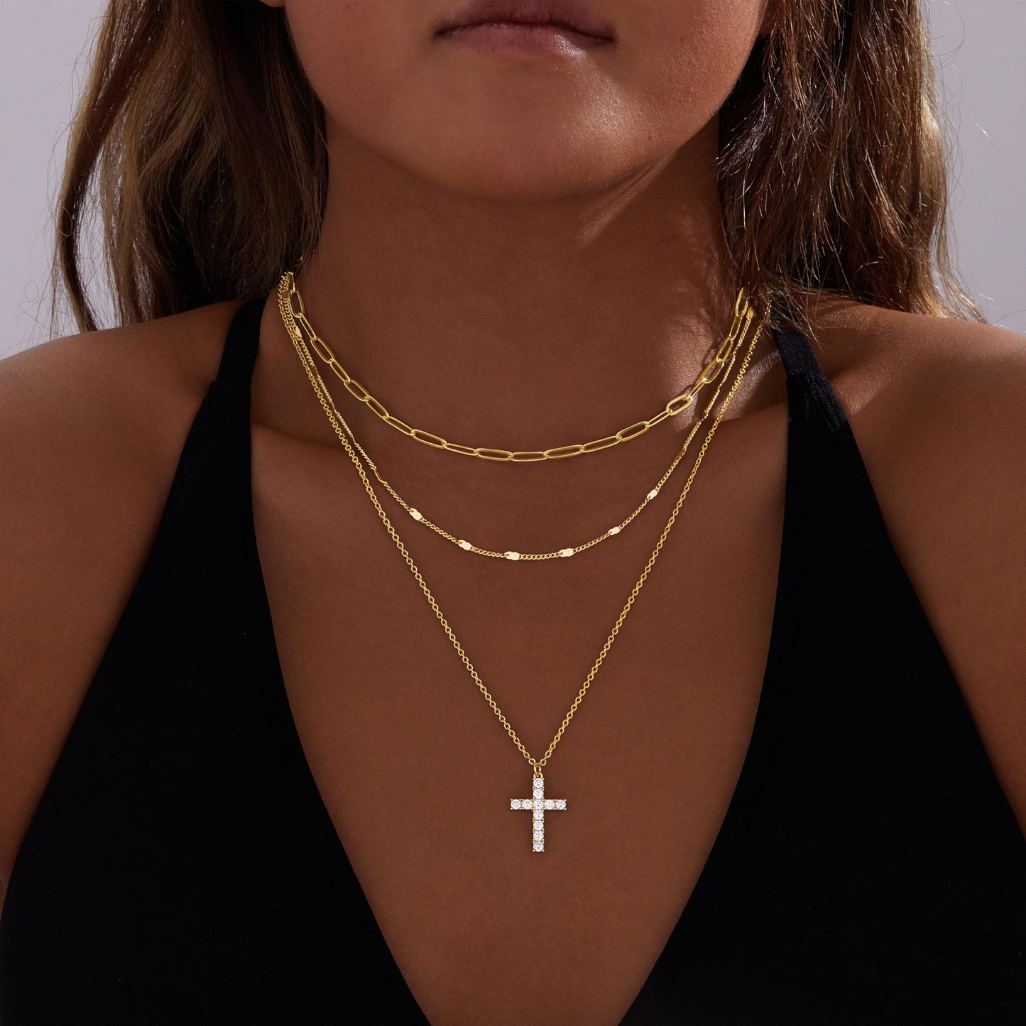 Layered Gold Cross Necklaces for Women,14k Gold Plated Dainty Stackable Choker Necklaces for Women,Trendy Layering Cubic Zirconia Cross Pendant Paperclip Thin Chain Necklace Set Jewelry Gifts for Women