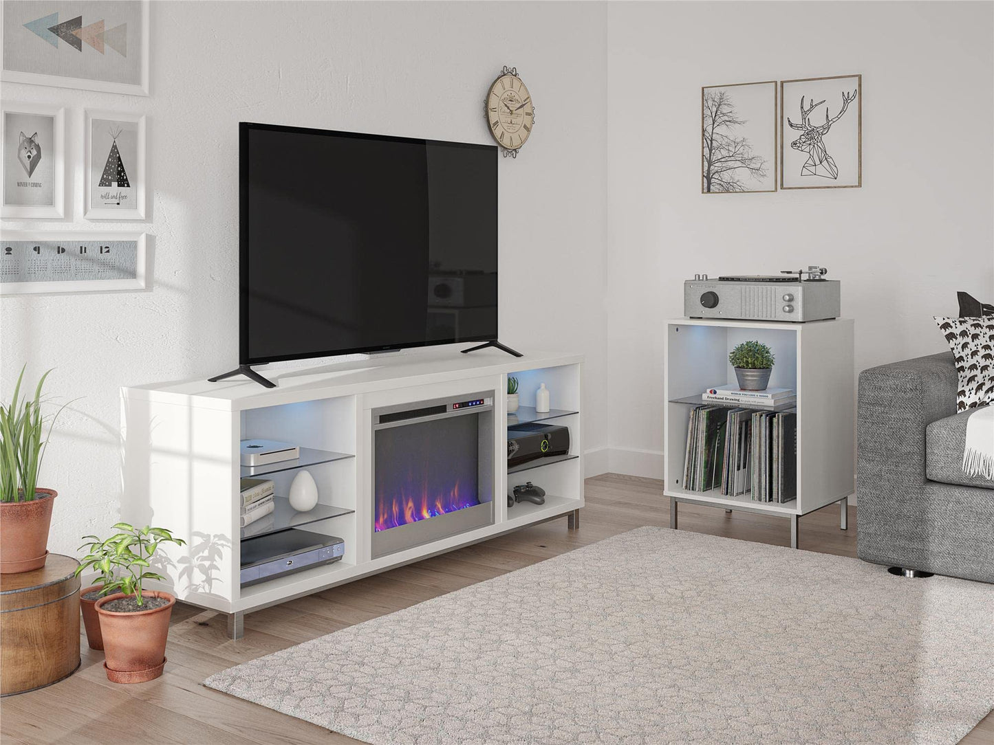 Ameriwood Home Lumina Fireplace TV Stand for TVs up to 70 Inch, Replaceable Electric Fireplace Insert Heater, Remote Control, Timer, Color Changing LED Lights, Crystal Ember Flames, White