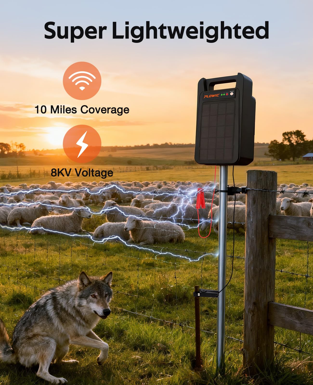 10 Miles Solar Electric Fence Charger: 0.20J Portable Energizer with Rechargeable Solar Panel for Livestock, Predator Protection, Solar Fence Charger with Day or Night Mode, Easy Installation