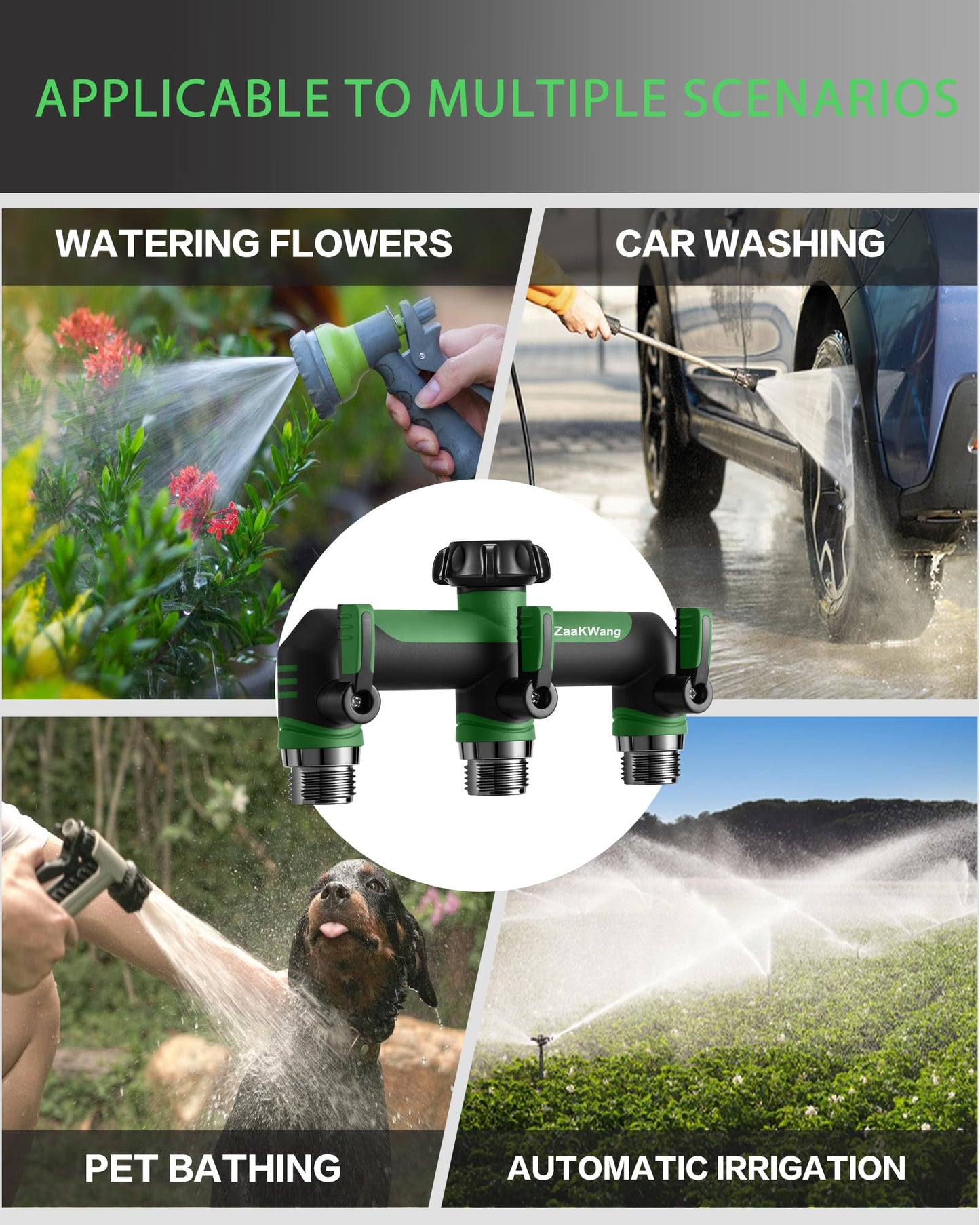 ZaakWang Garden Hose Splitter, 3 Way Hose Splitter, Heavy Duty Water Hose Bib Spigot Splitter, Outdoor Faucet Splitter with Shutoff Valve, T Adapter Connector with 3/4 - Inch GHT Thread (Green)